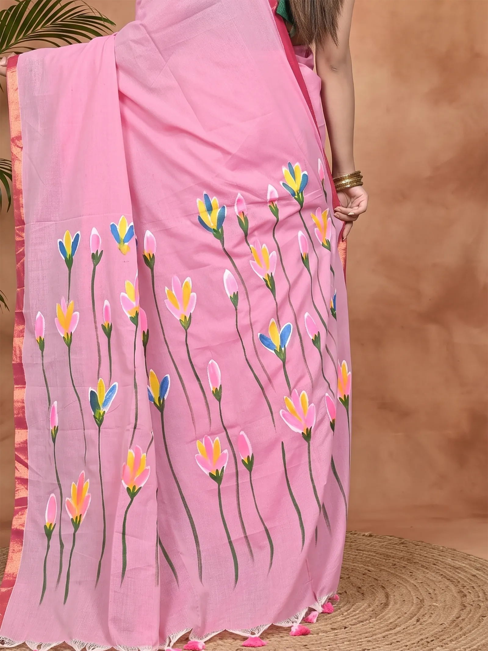 DipDiya Pure Cotton Peach Norah Crafted in Bengal Hand Painted Sarees