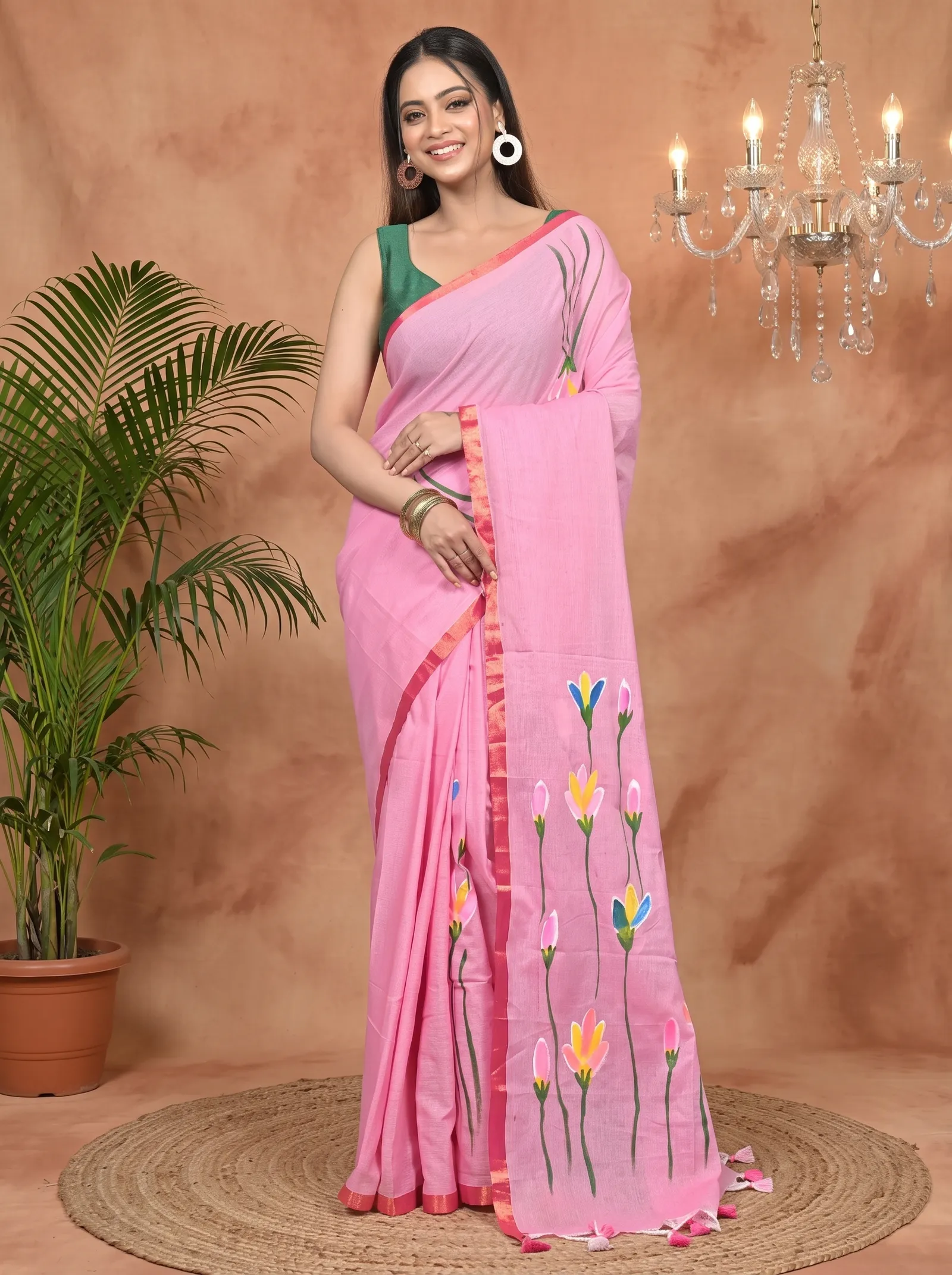 DipDiya Pure Cotton Peach Norah Crafted in Bengal Hand Painted Sarees