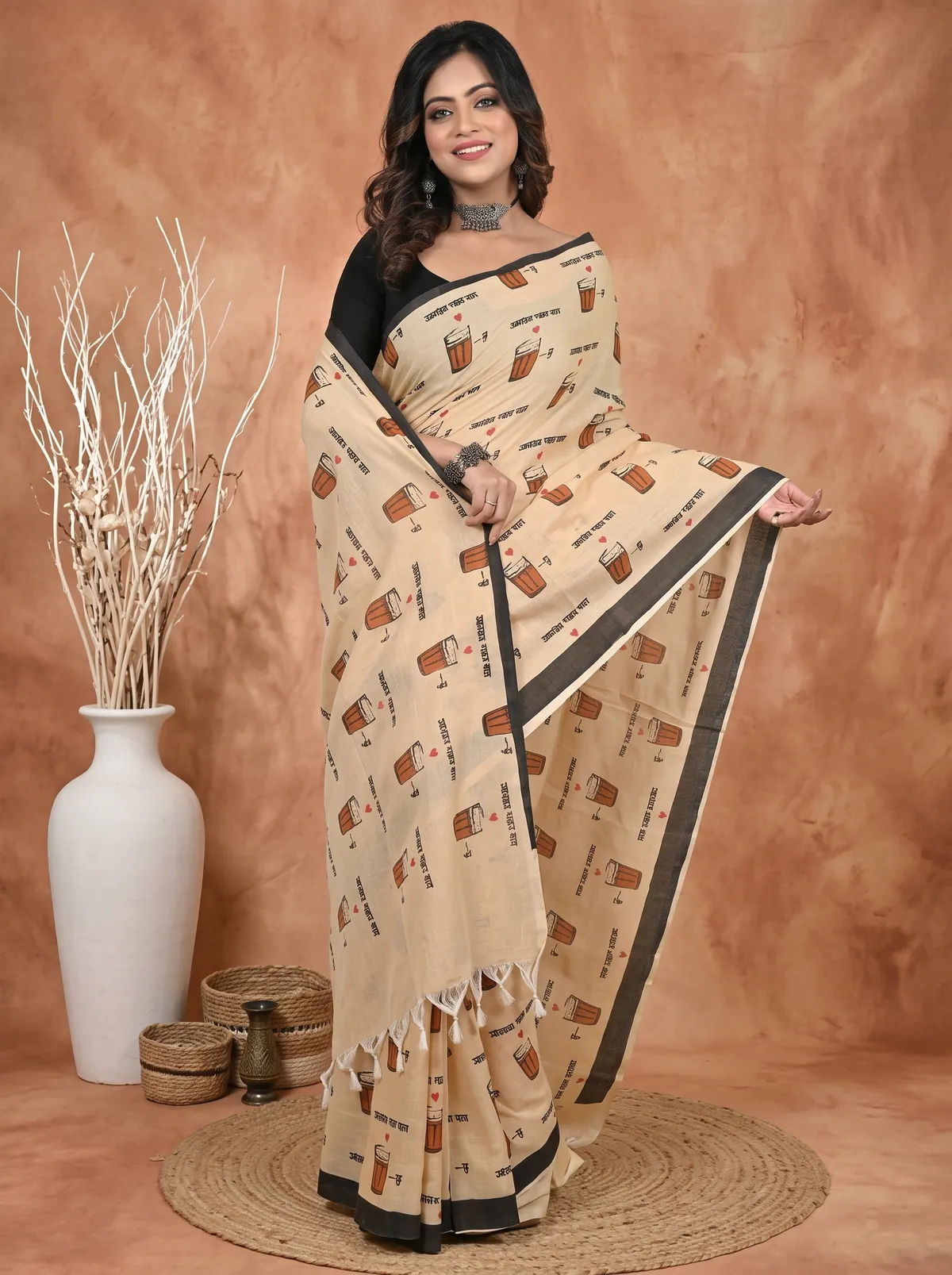 DipDiya Pure Cotton Peach Pinal Grace of Bengal Printed Handloom Sarees