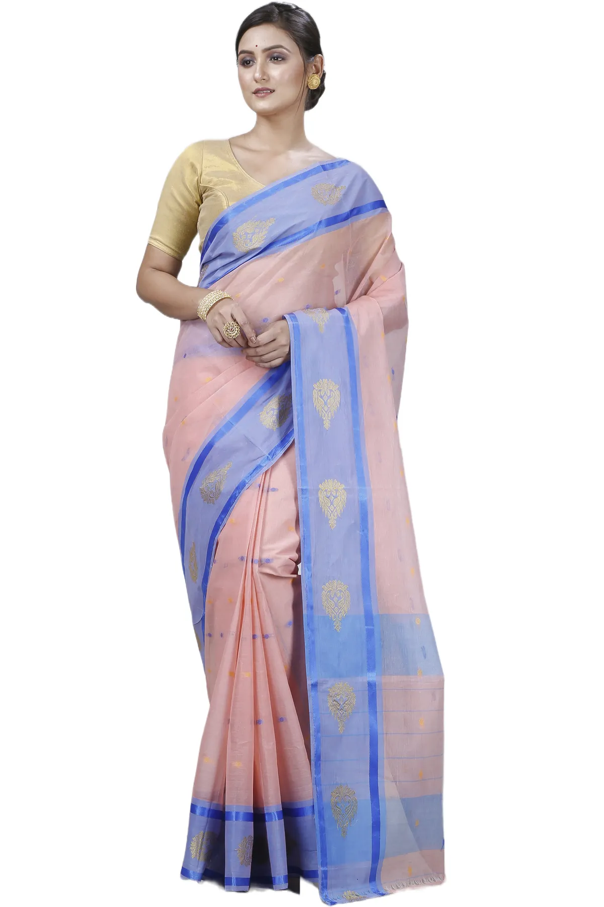 DipDiya Pure Cotton Peach Upala Pure Bengali Grace Tant Sarees