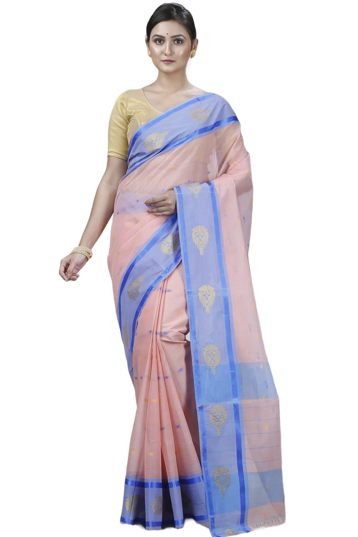 DipDiya Pure Cotton Peach Upala Pure Bengali Grace Tant Sarees