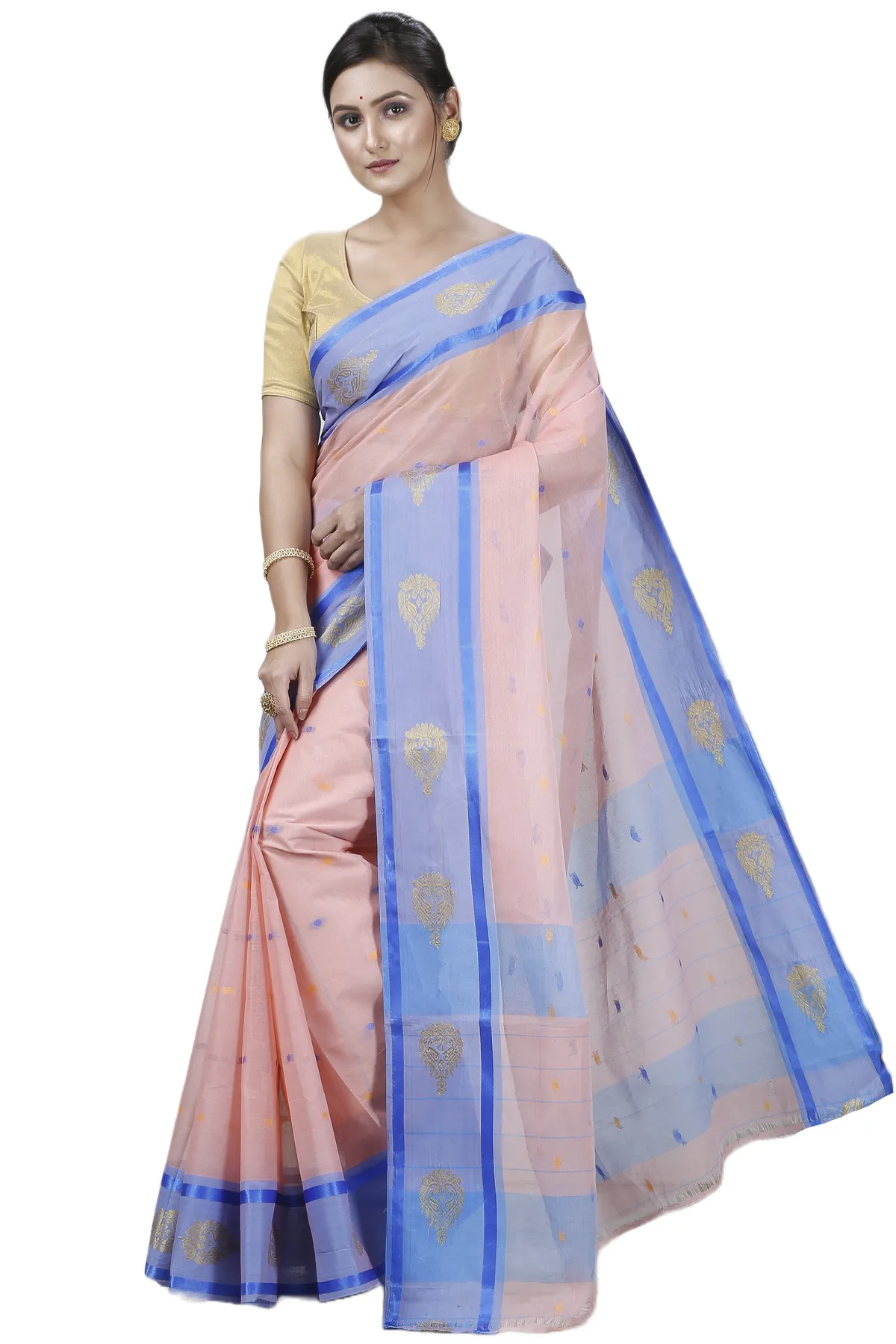 DipDiya Pure Cotton Peach Upala Pure Bengali Grace Tant Sarees