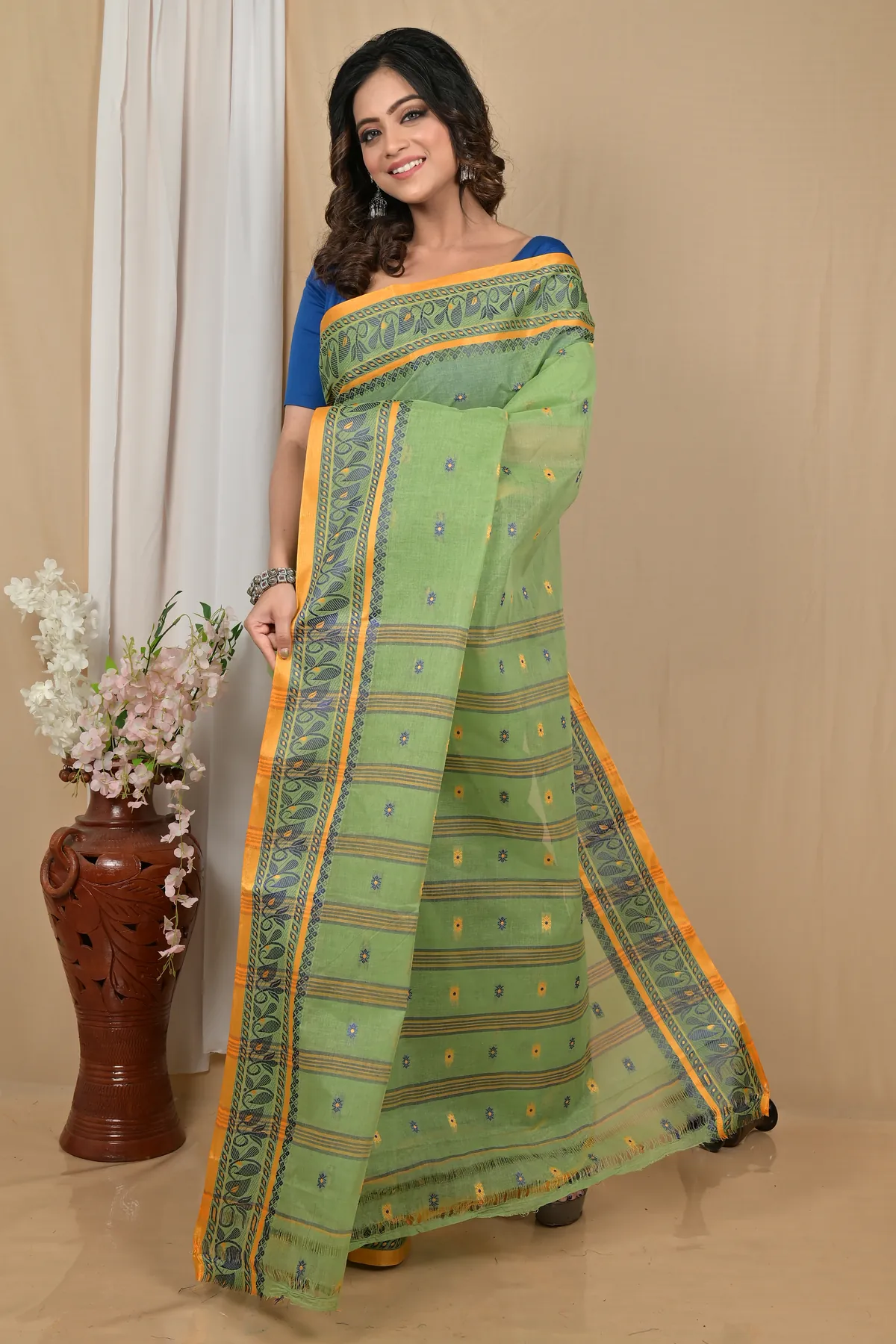 DipDiya Pure Cotton Pesta Green Achlin Crafted in Bengal Tant Sarees