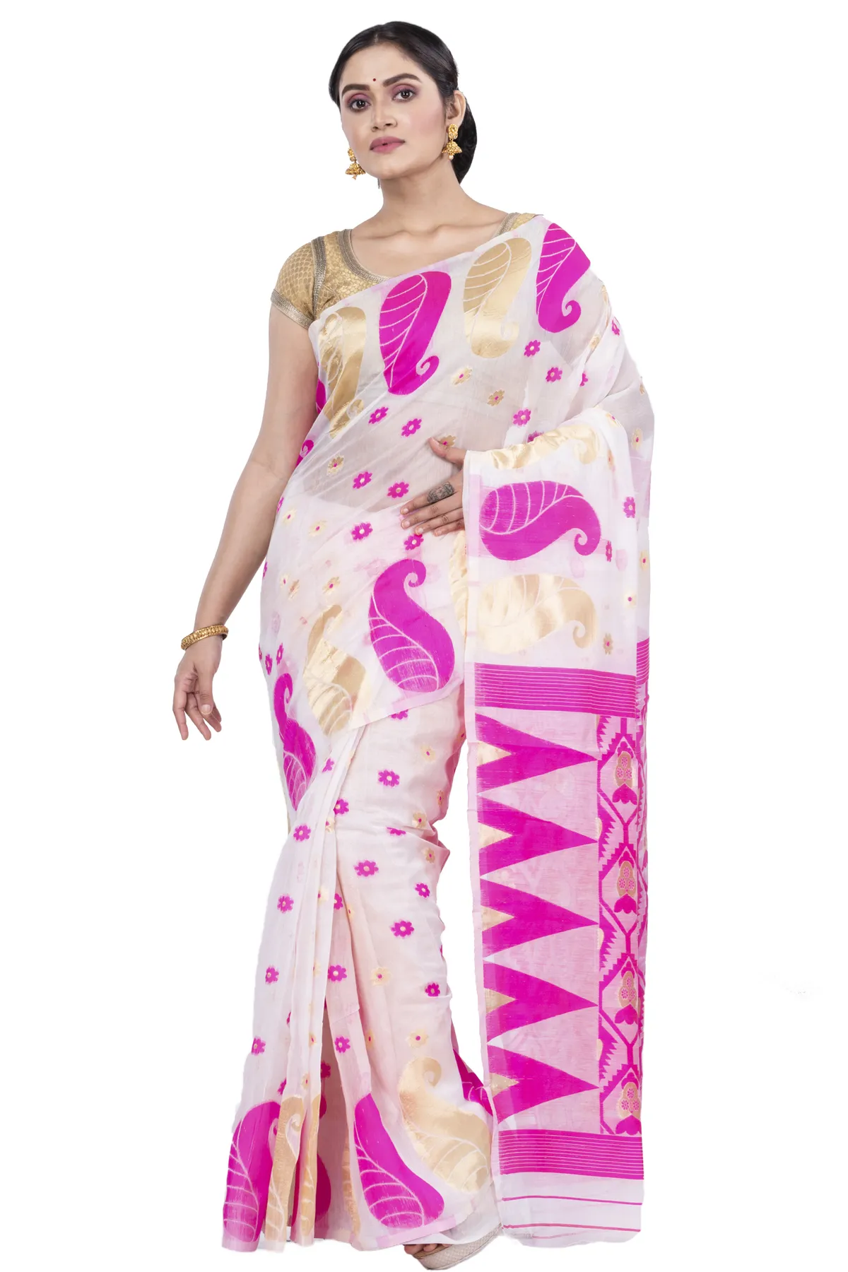 DipDiya Pure Cotton Pink Amachal Jmdni Elegance in Every Weave Jamdani Sarees