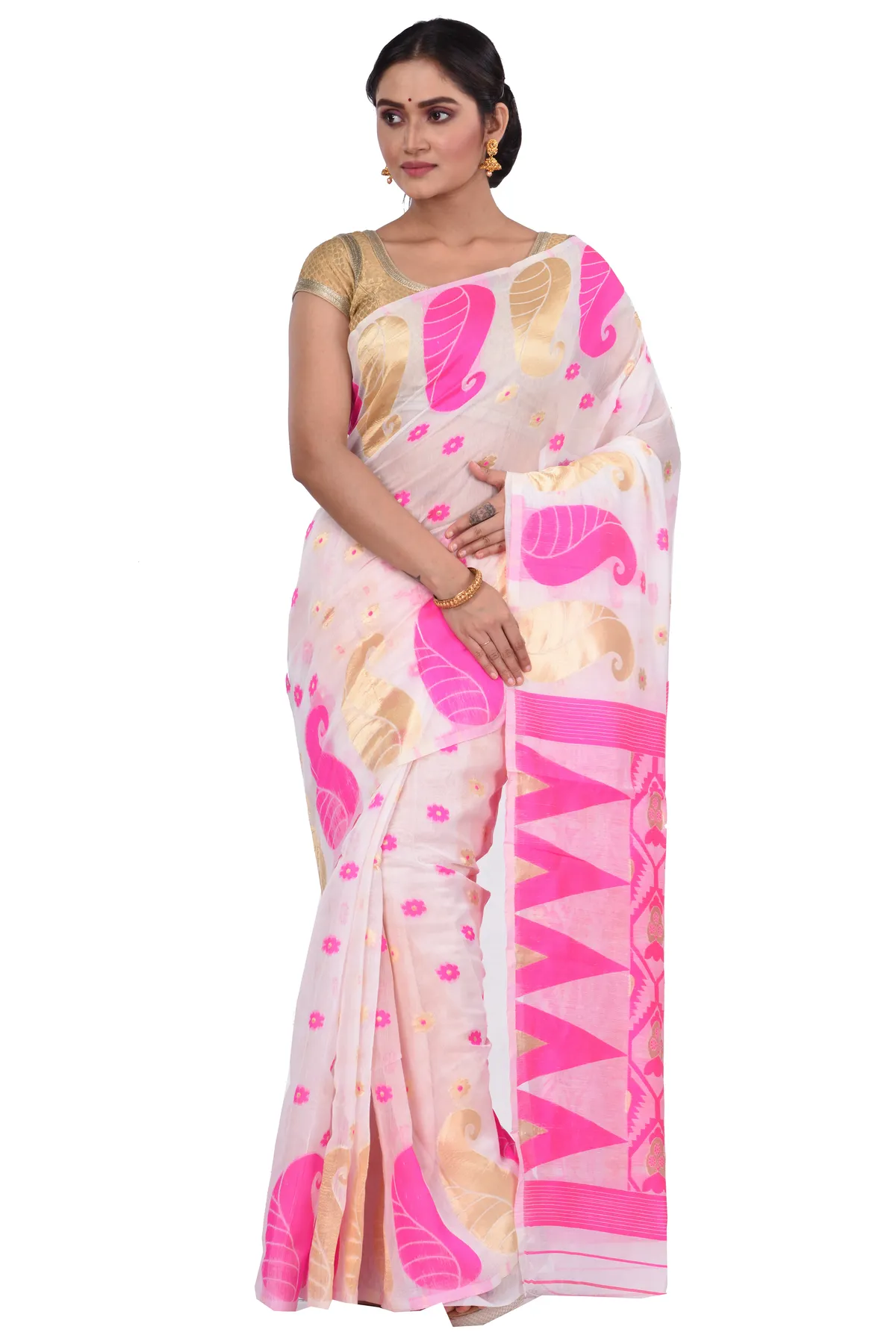 DipDiya Pure Cotton Pink Amachal Jmdni Elegance in Every Weave Jamdani Sarees