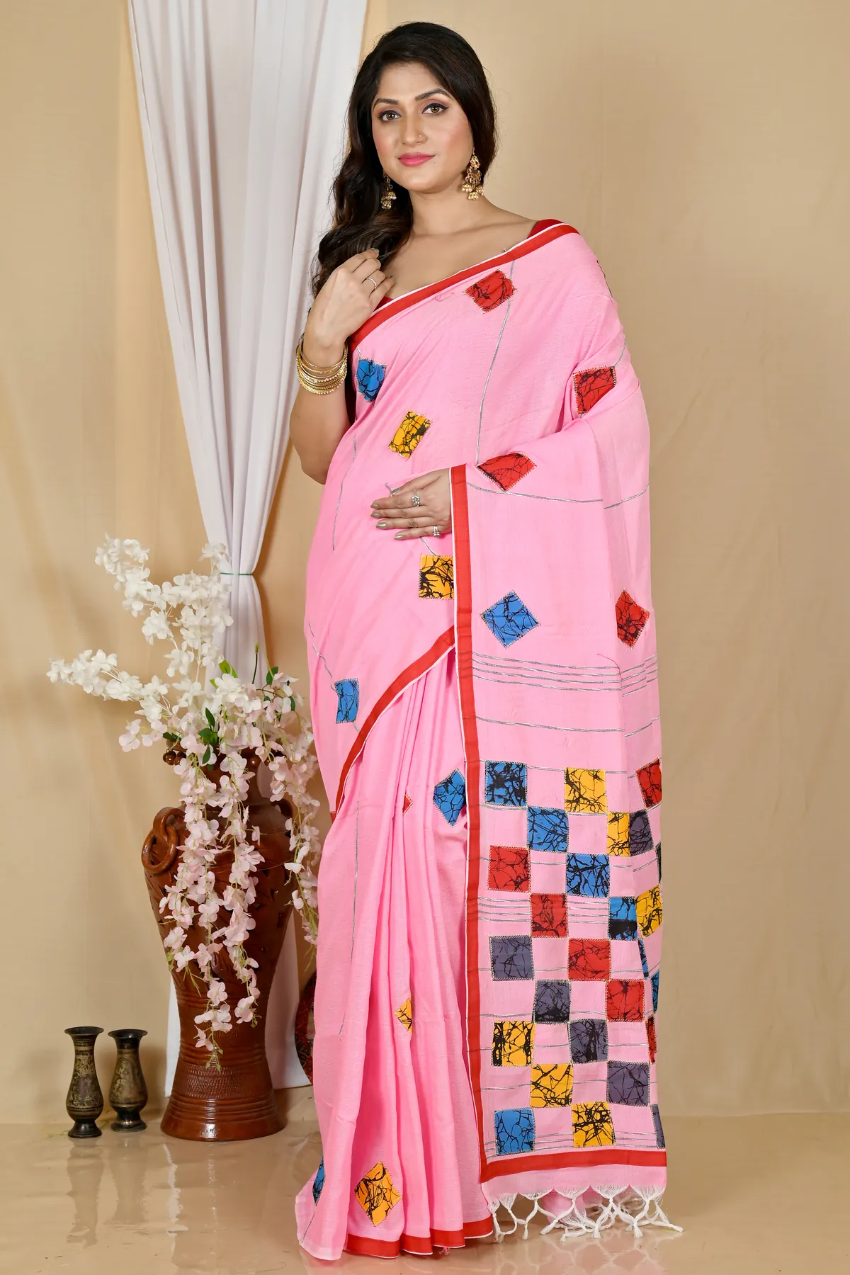 DipDiya Pure Cotton Pink Aplika Tanu Effortless Tradition Applique Sarees
