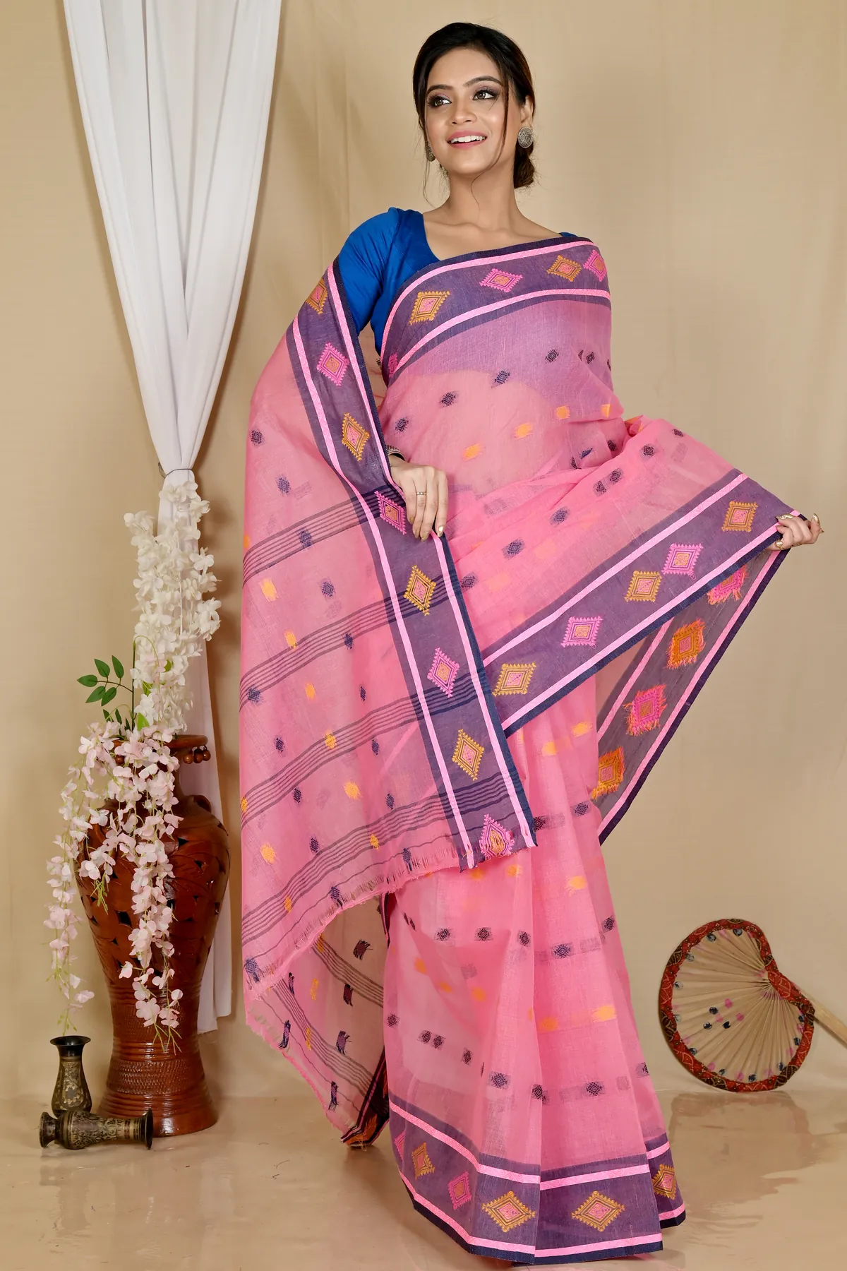 DipDiya Pure Cotton Pink Apula Timeless Bengal Tant Sarees