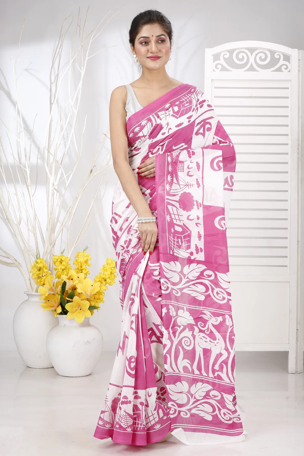 DipDiya Pure Cotton Pink Barnomala Classic Grace Handloom Sarees