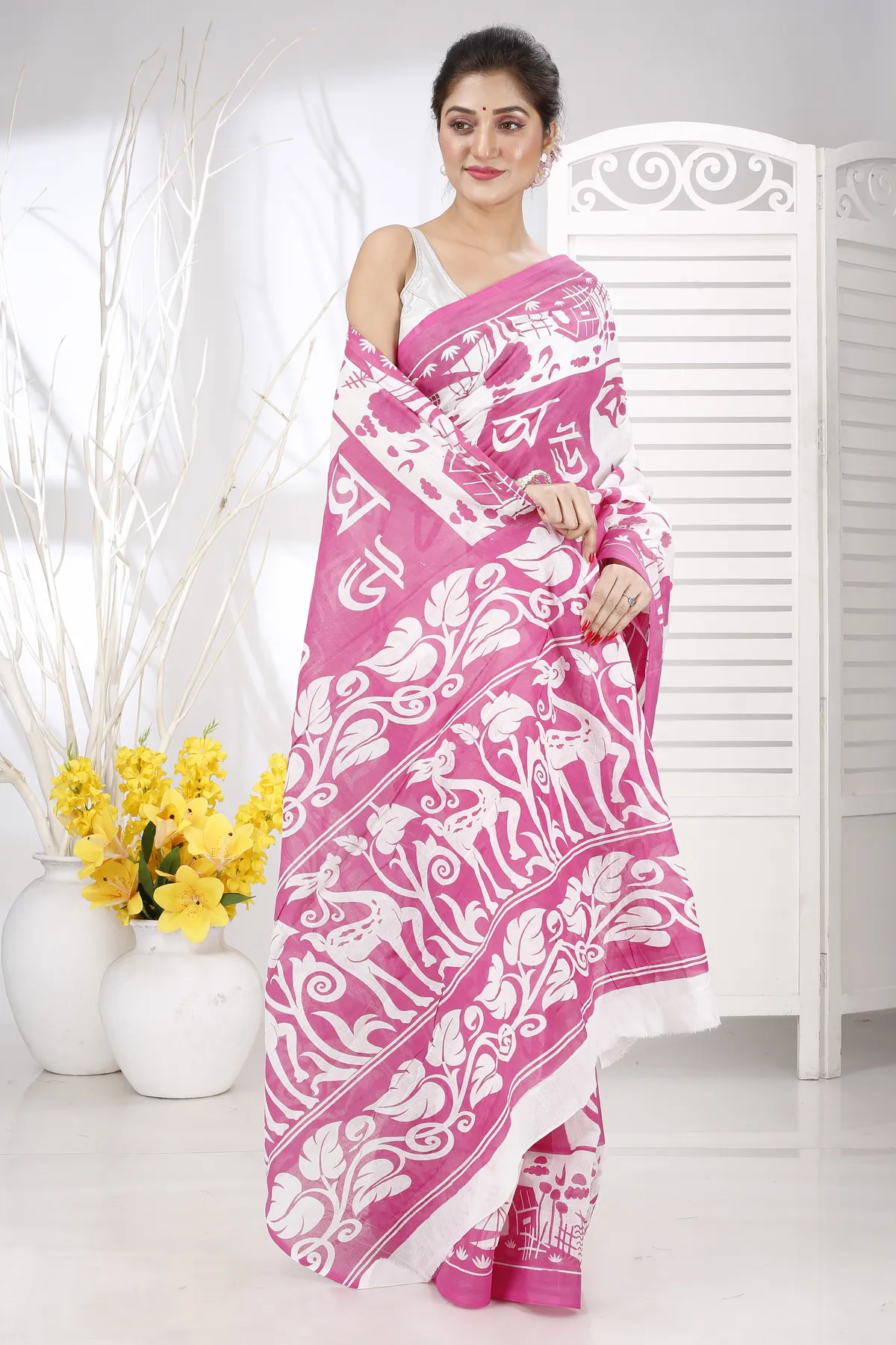 DipDiya Pure Cotton Pink Barnomala Classic Grace Handloom Sarees