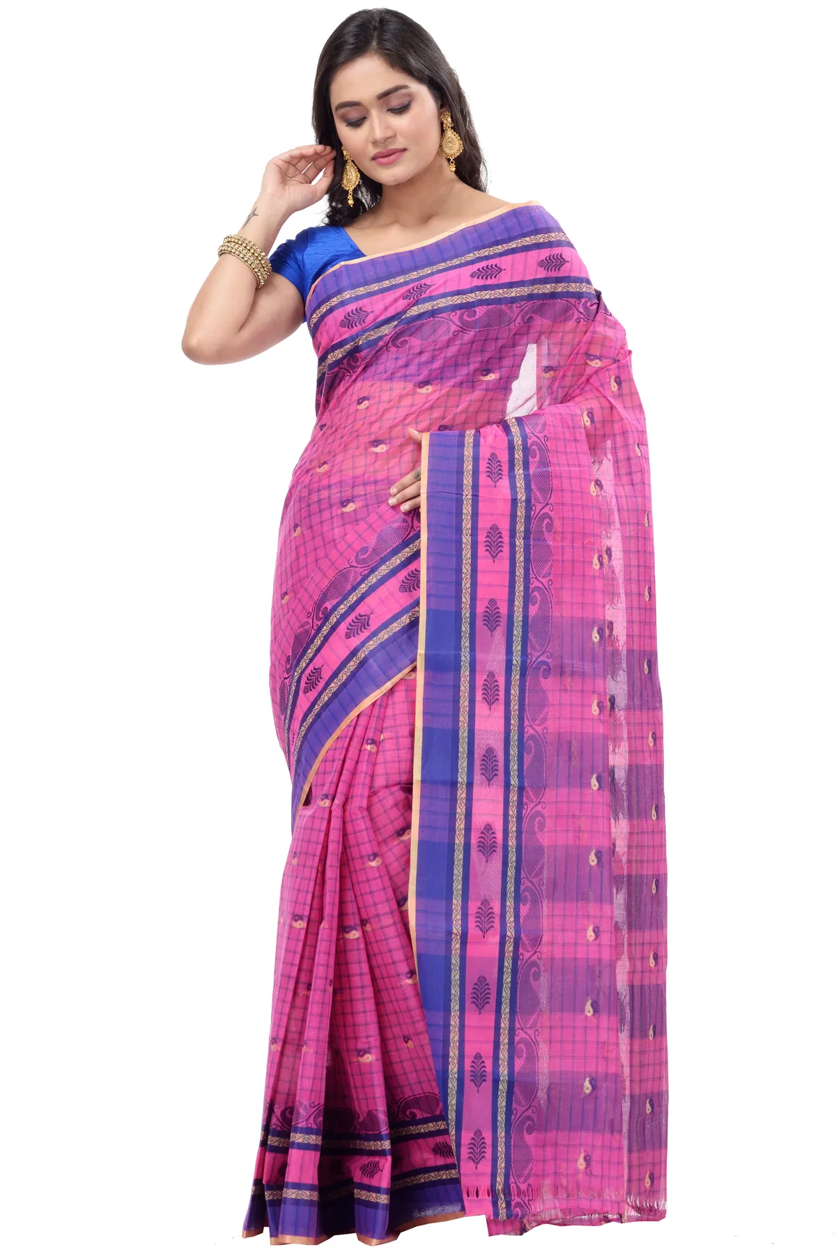 DipDiya Pure Cotton Pink ChakButi Regal Bengali Tant Sarees