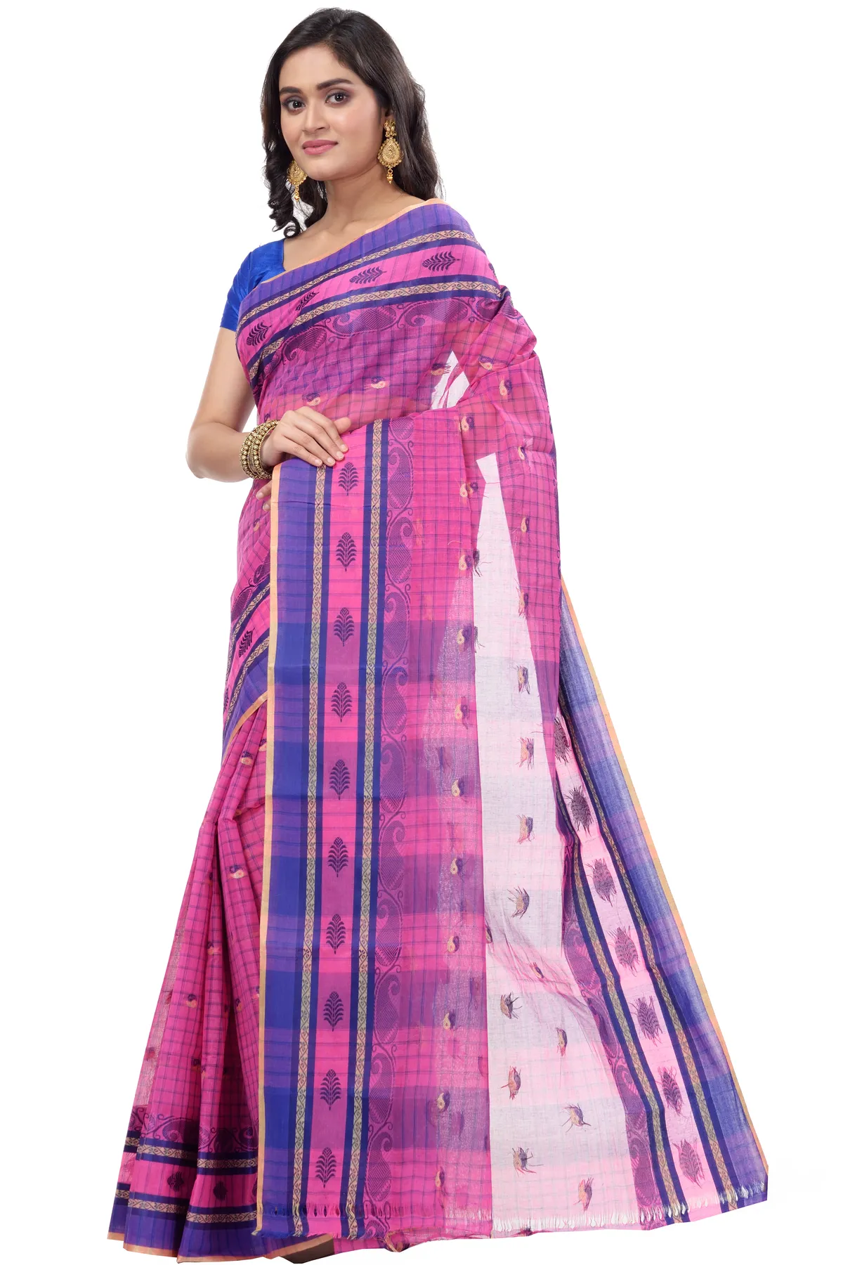 DipDiya Pure Cotton Pink ChakButi Regal Bengali Tant Sarees
