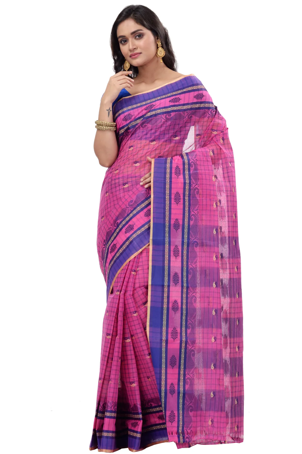 DipDiya Pure Cotton Pink ChakButi Regal Bengali Tant Sarees