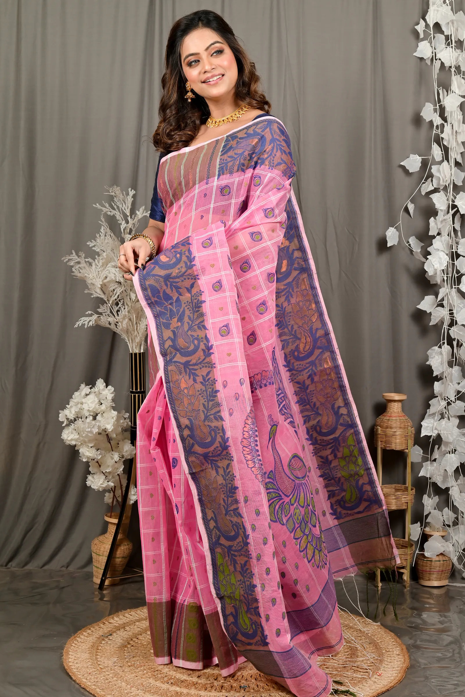 DipDiya Pure Cotton Pink Dhrubi Woven by Hand Jamdani Sarees