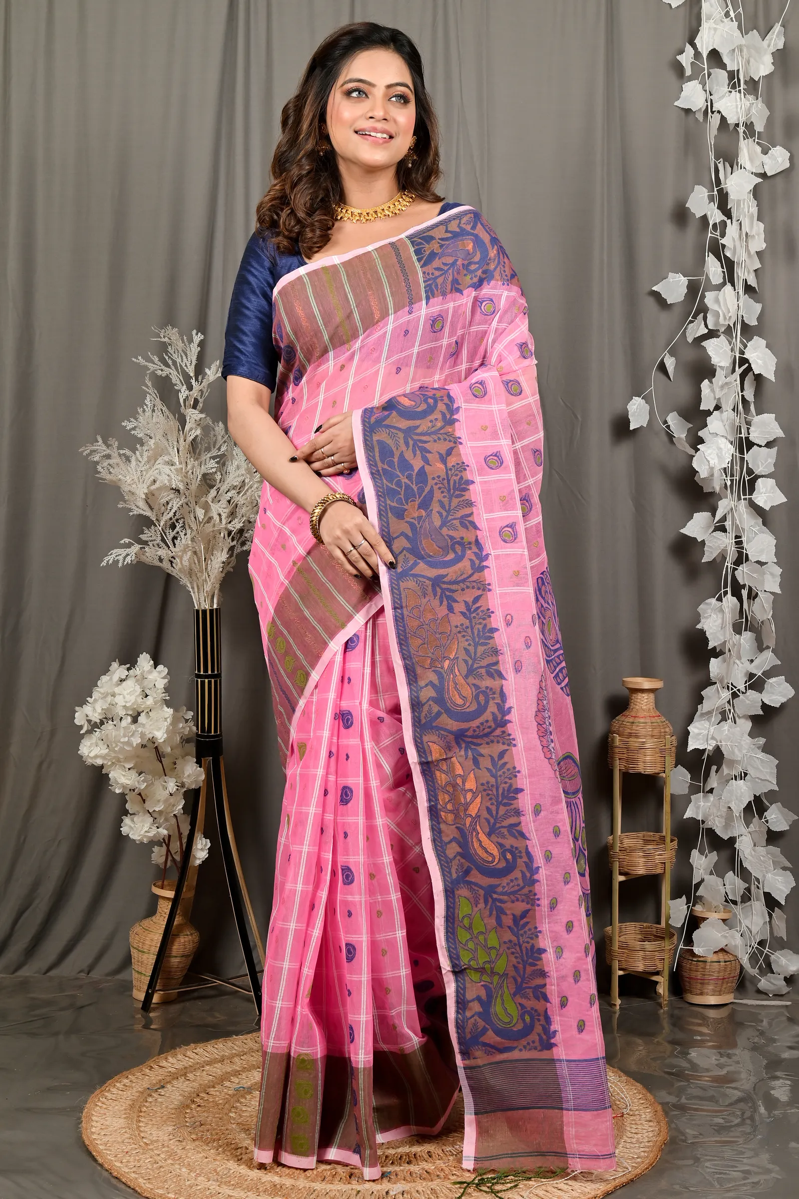 DipDiya Pure Cotton Pink Dhrubi Woven by Hand Jamdani Sarees