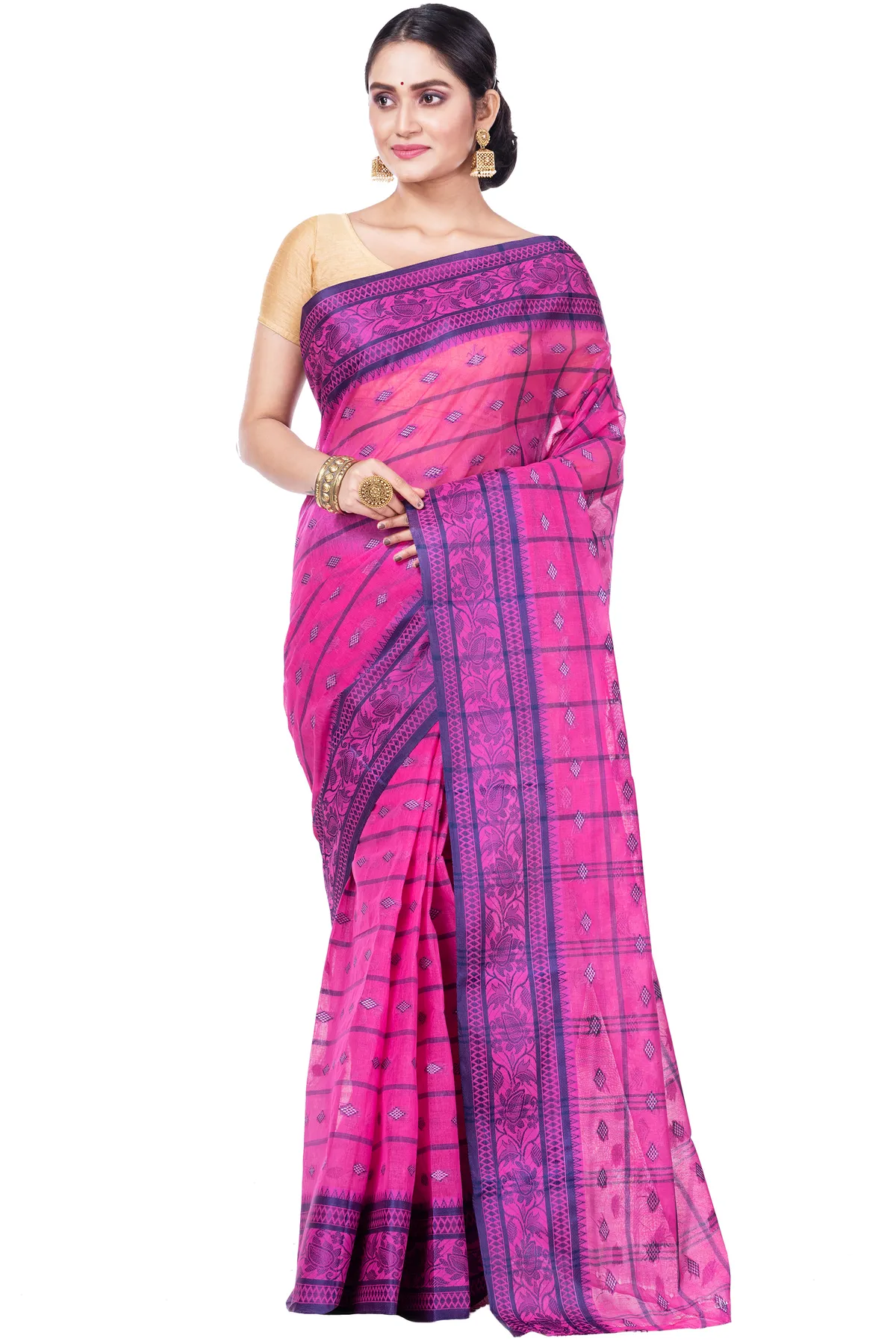 DipDiya Pure Cotton Pink Diamond Tant Heritage Elegance Tant Sarees