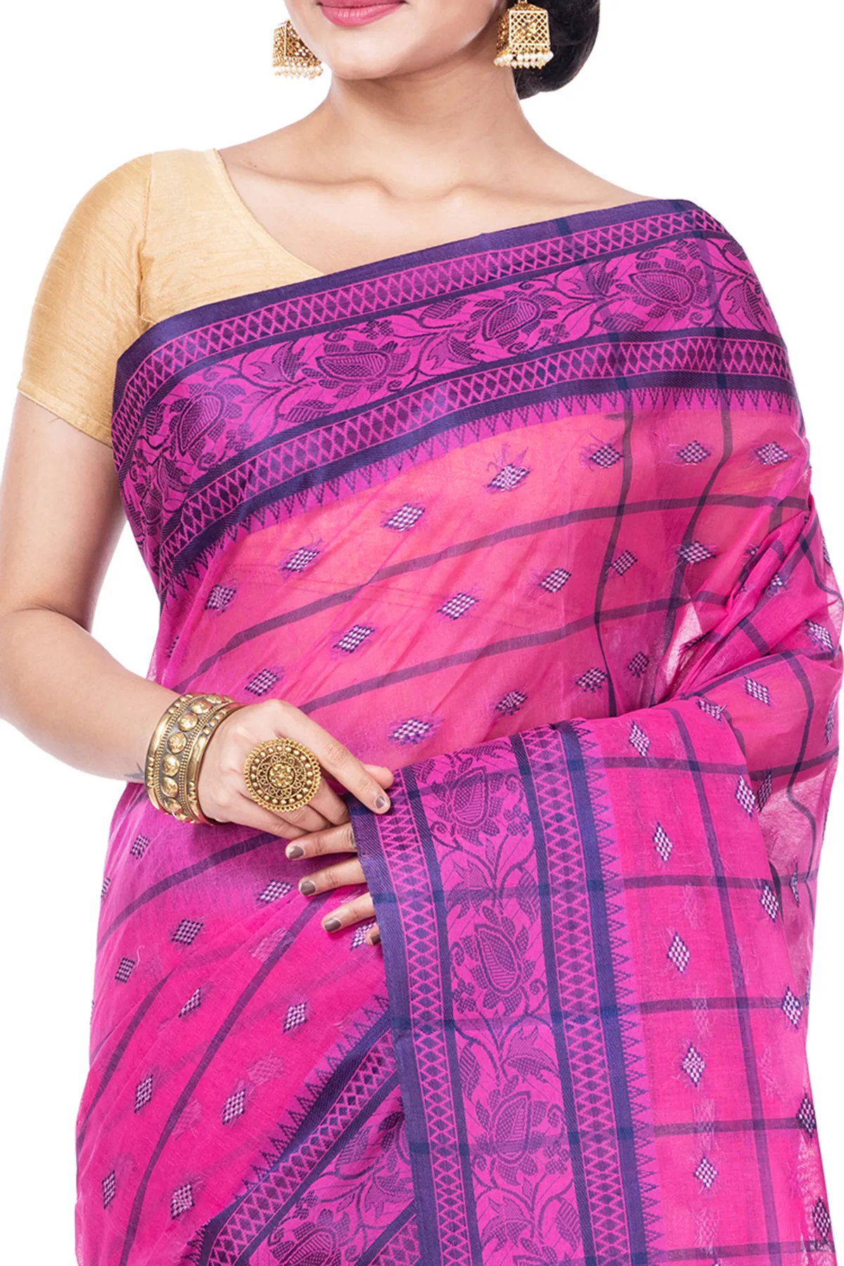 DipDiya Pure Cotton Pink Diamond Tant Heritage Elegance Tant Sarees