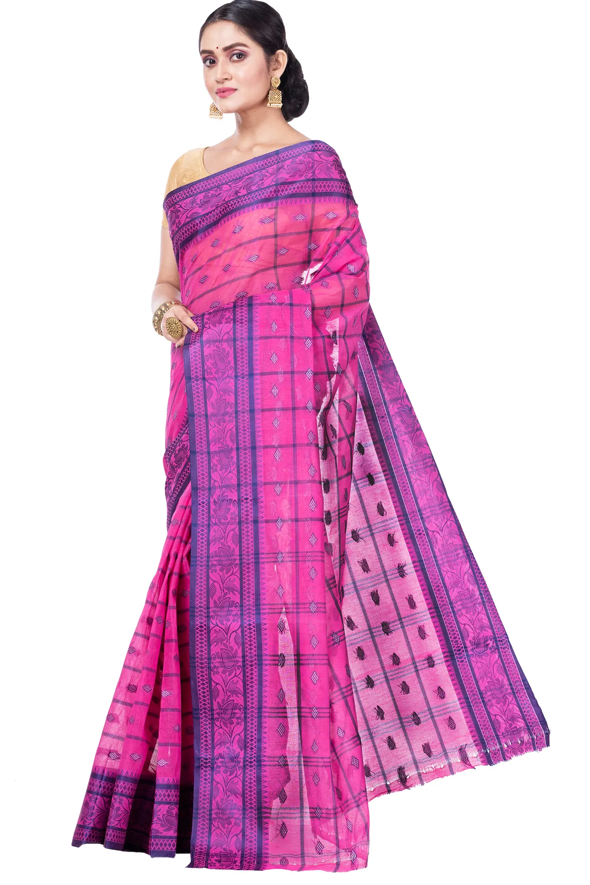 DipDiya Pure Cotton Pink Diamond Tant Heritage Elegance Tant Sarees