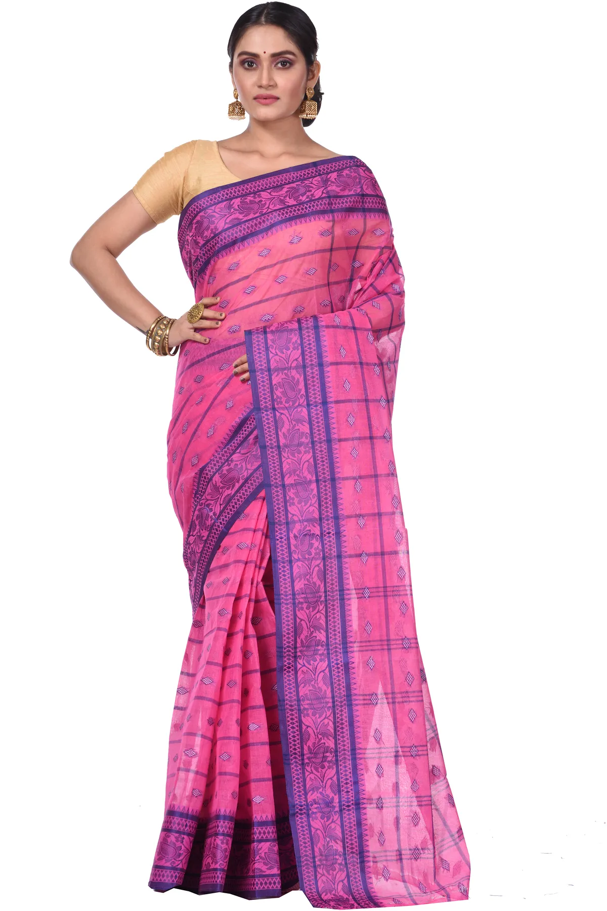 DipDiya Pure Cotton Pink Diamond Tant Heritage Elegance Tant Sarees