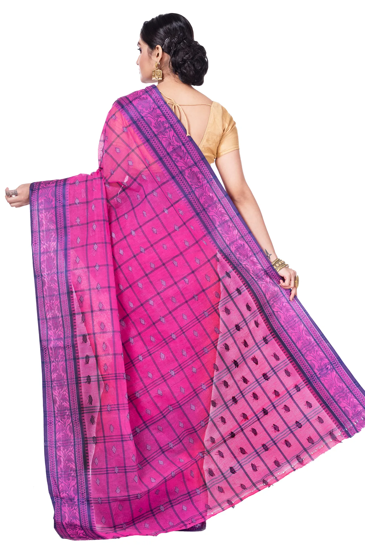 DipDiya Pure Cotton Pink Diamond Tant Heritage Elegance Tant Sarees