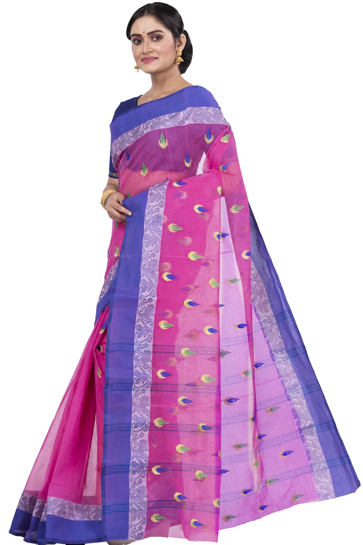 DipDiya Pure Cotton Pink Dip Embro Regal Bengali Embroidery Tant Sarees