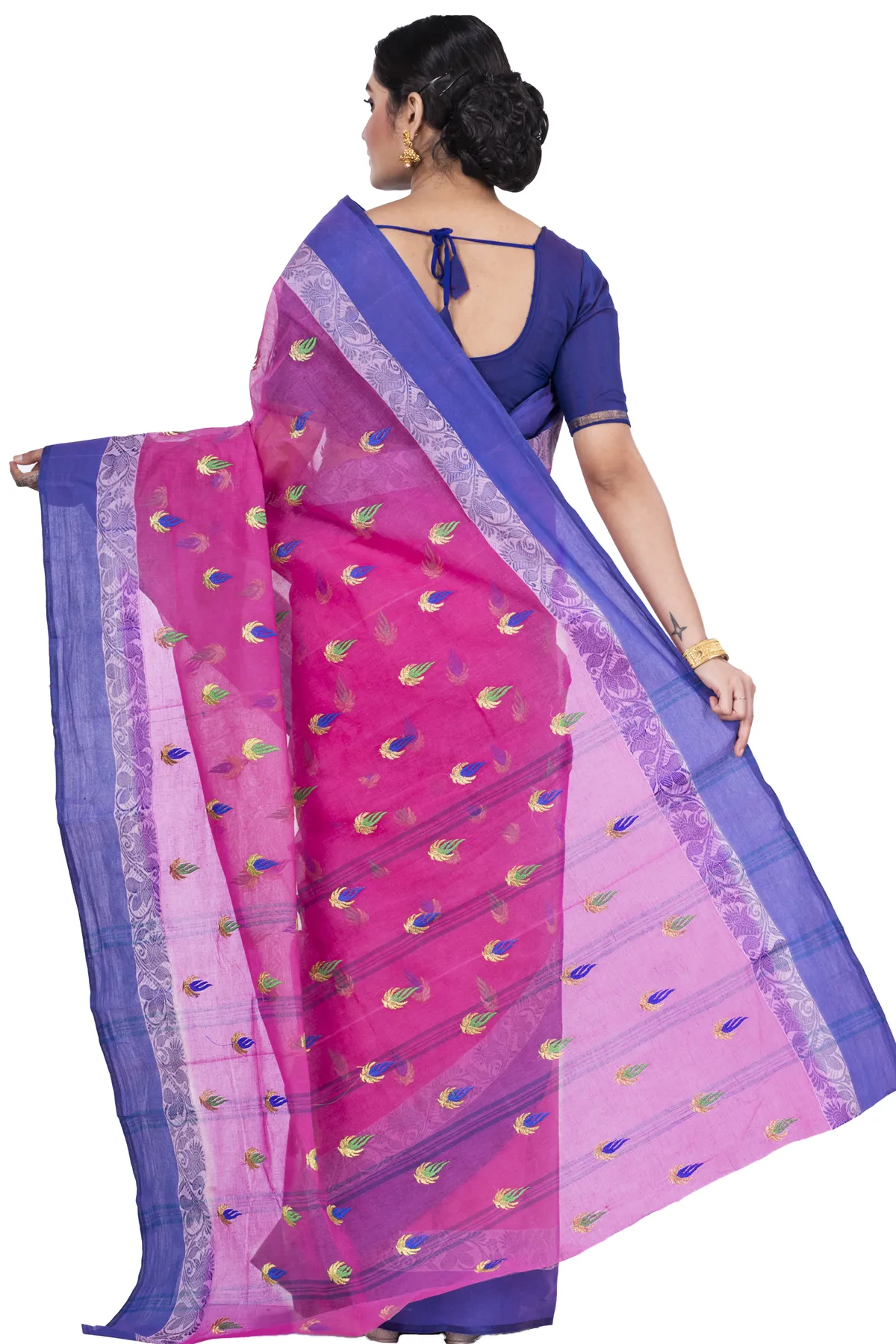 DipDiya Pure Cotton Pink Dip Embro Regal Bengali Embroidery Tant Sarees