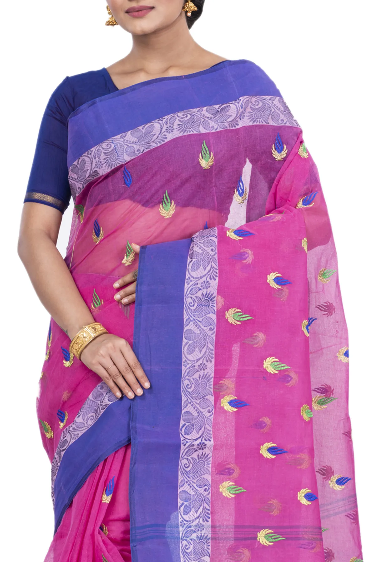 DipDiya Pure Cotton Pink Dip Embro Regal Bengali Embroidery Tant Sarees