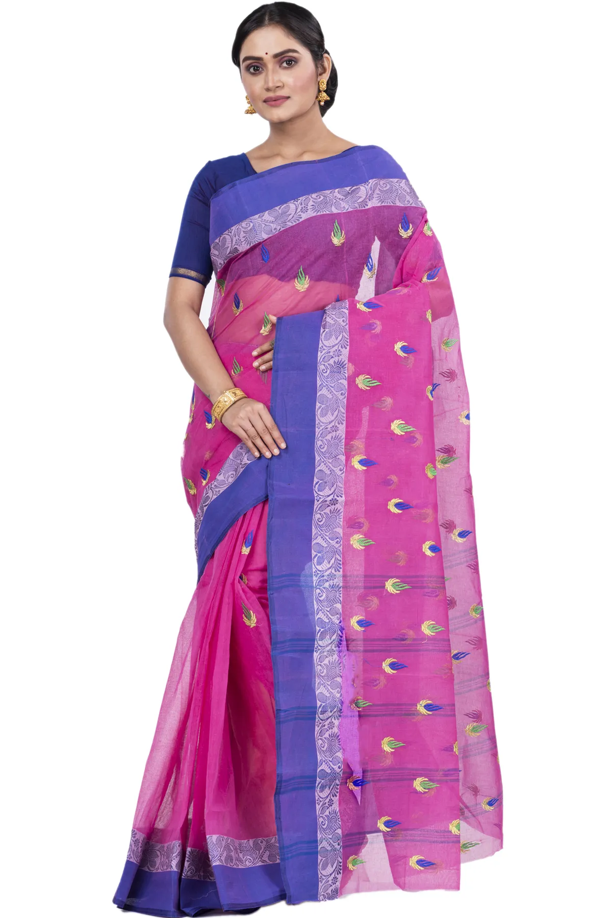 DipDiya Pure Cotton Pink Dip Embro Regal Bengali Embroidery Tant Sarees