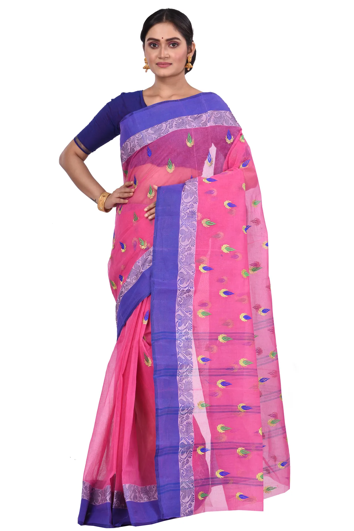 DipDiya Pure Cotton Pink Dip Embro Regal Bengali Embroidery Tant Sarees