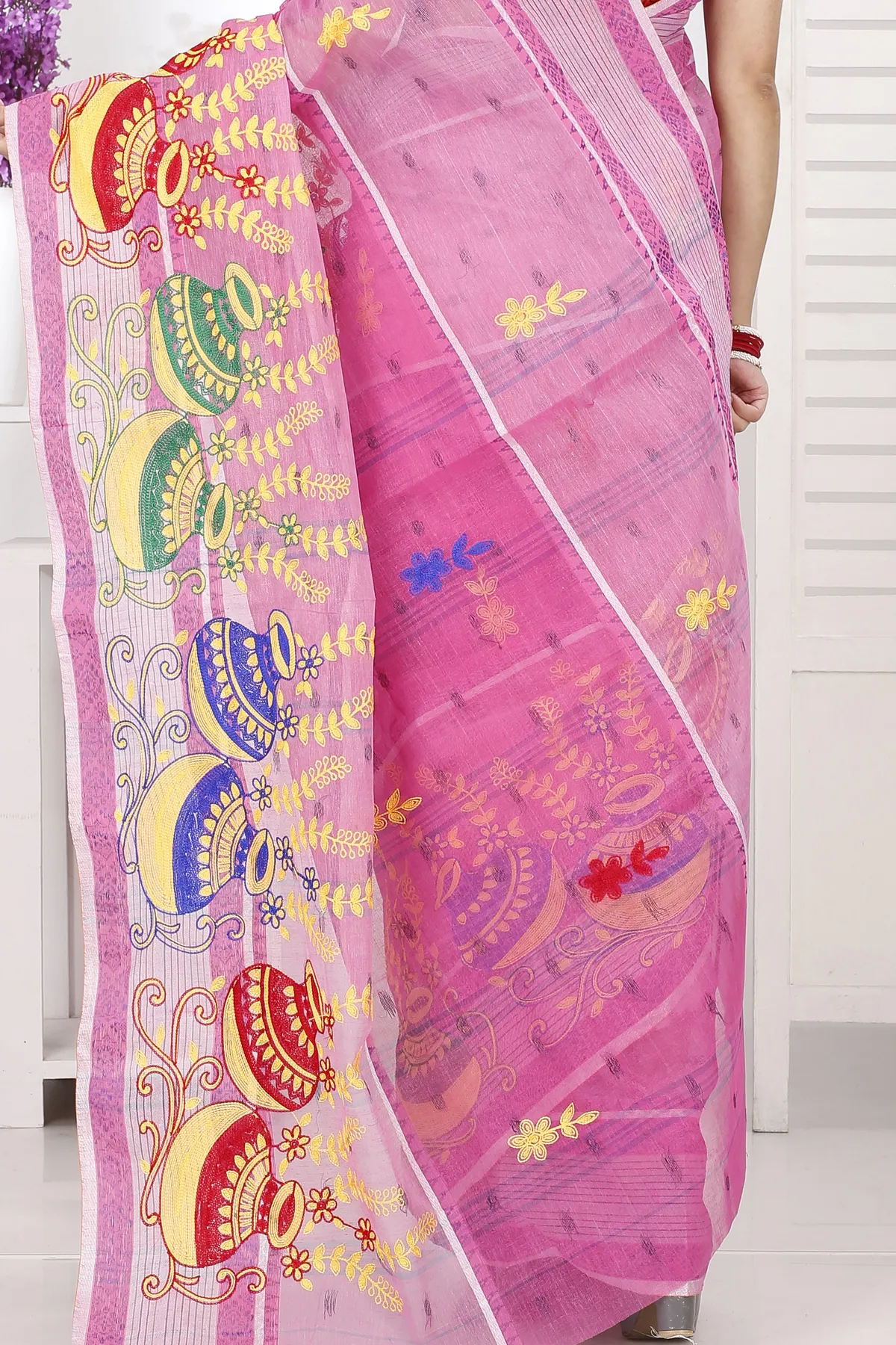 DipDiya Pure Cotton Pink Embi Debdash Ghot Woven by Hand Embroidery Tant Sarees