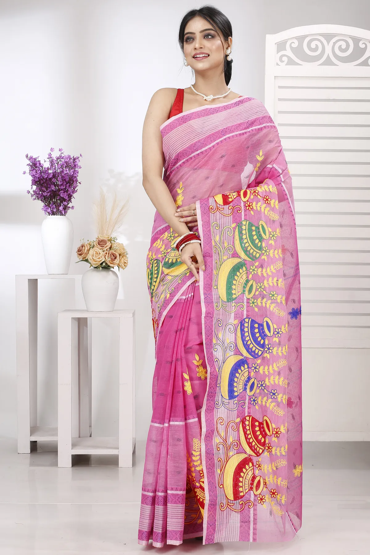 DipDiya Pure Cotton Pink Embi Debdash Ghot Woven by Hand Embroidery Tant Sarees