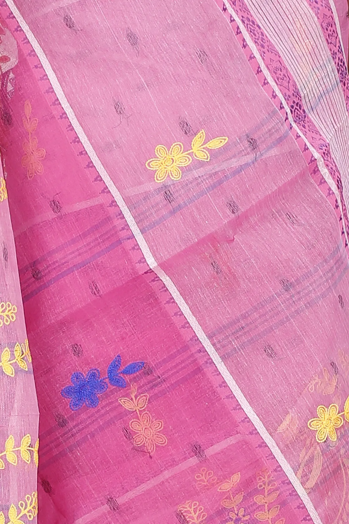 DipDiya Pure Cotton Pink Embi Debdash Ghot Woven by Hand Embroidery Tant Sarees