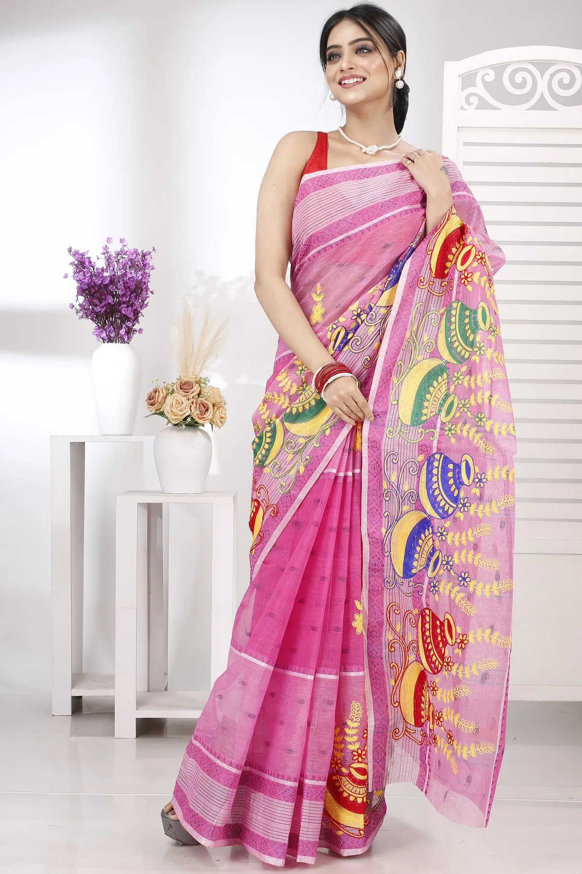 DipDiya Pure Cotton Pink Embi Debdash Ghot Woven by Hand Embroidery Tant Sarees