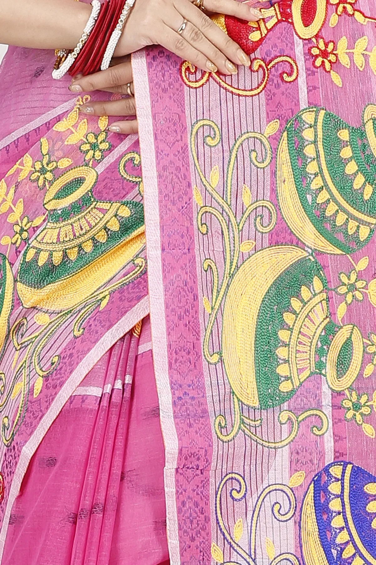DipDiya Pure Cotton Pink Embi Debdash Ghot Woven by Hand Embroidery Tant Sarees