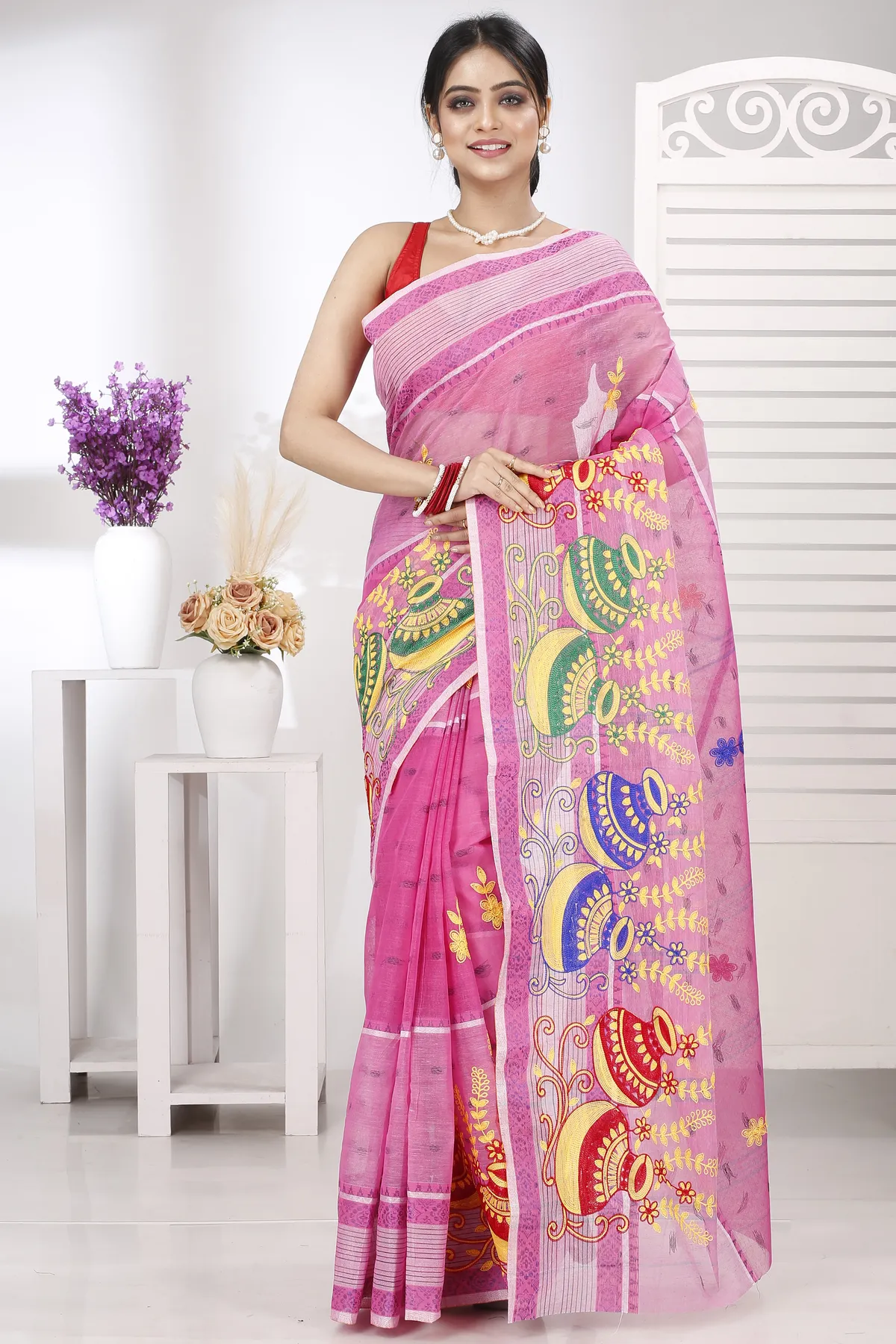 DipDiya Pure Cotton Pink Embi Debdash Ghot Woven by Hand Embroidery Tant Sarees