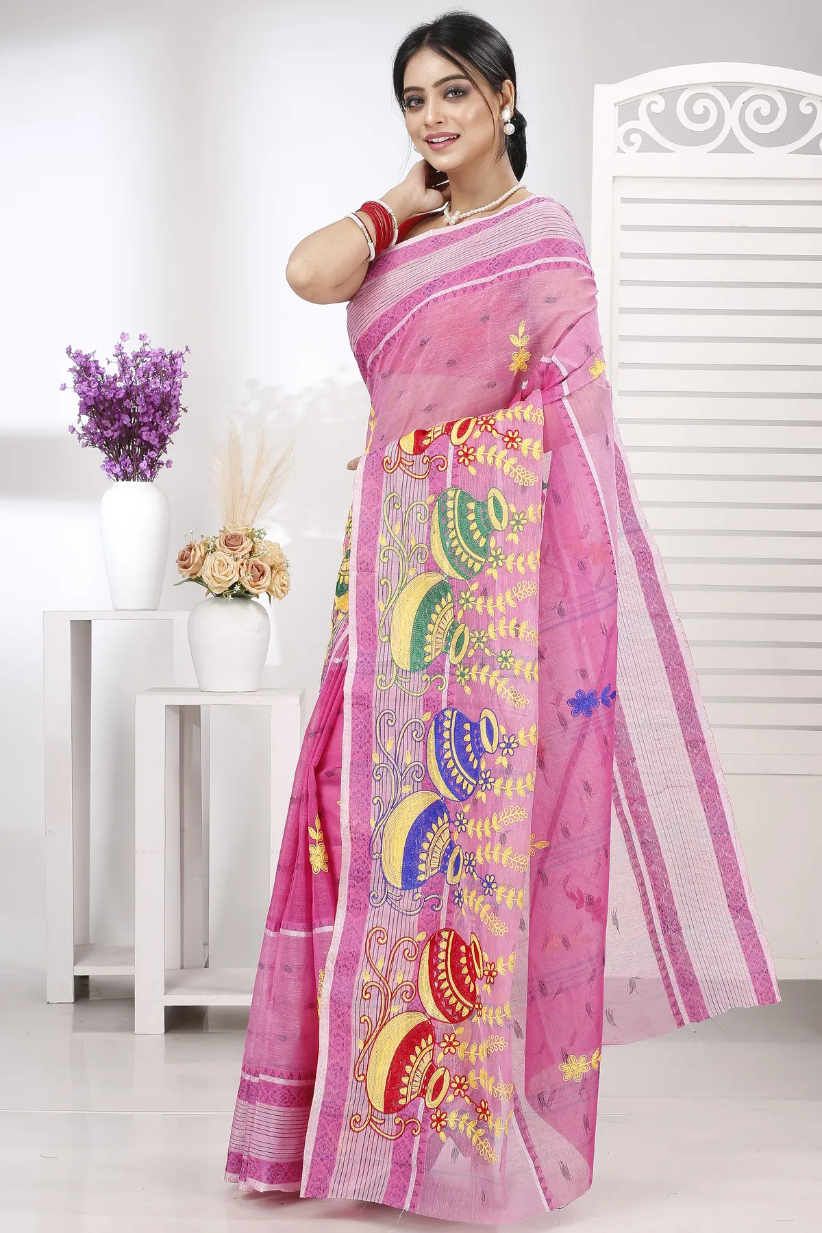 DipDiya Pure Cotton Pink Embi Debdash Ghot Woven by Hand Embroidery Tant Sarees