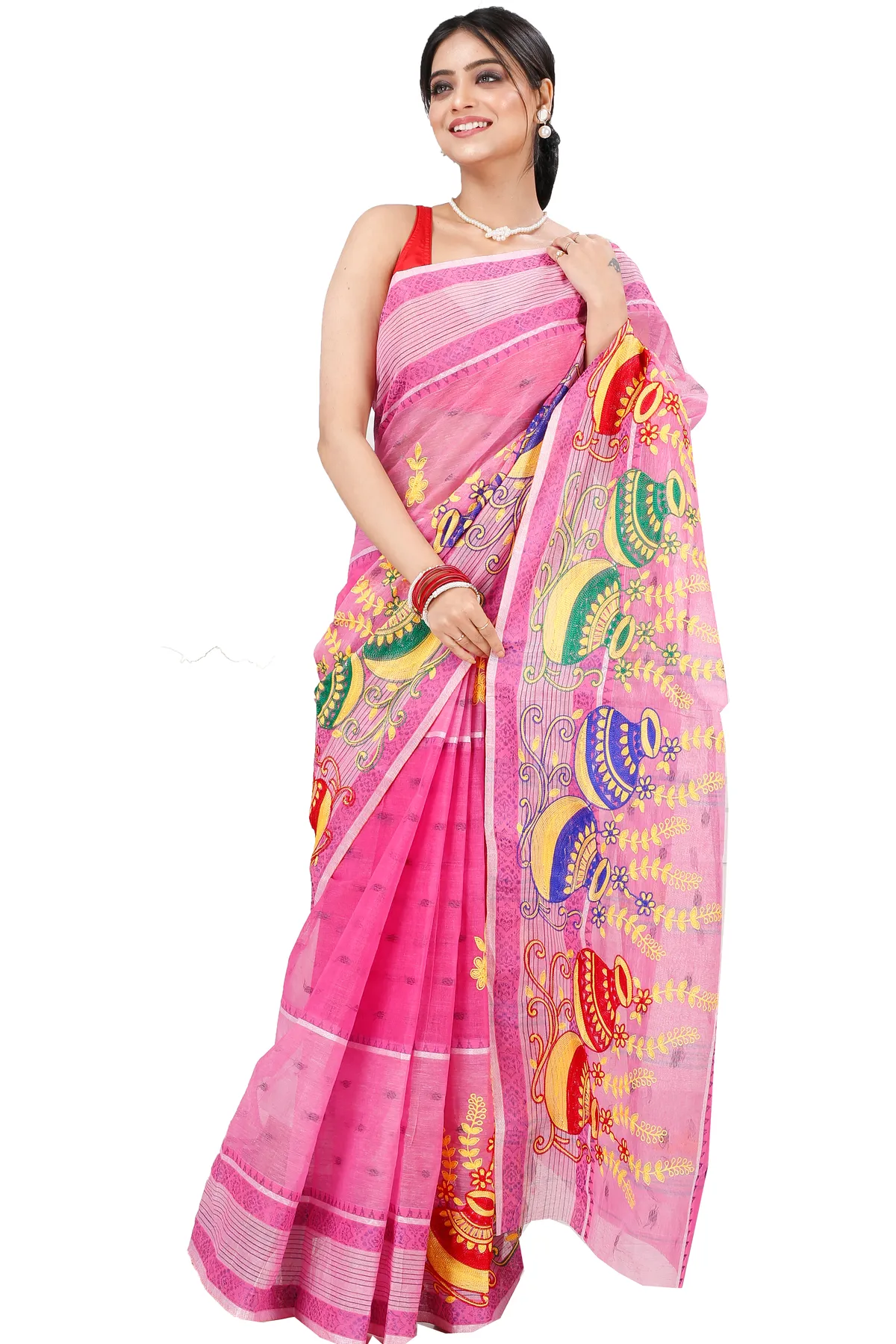DipDiya Pure Cotton Pink Embi Debdash Ghot Woven by Hand Embroidery Tant Sarees