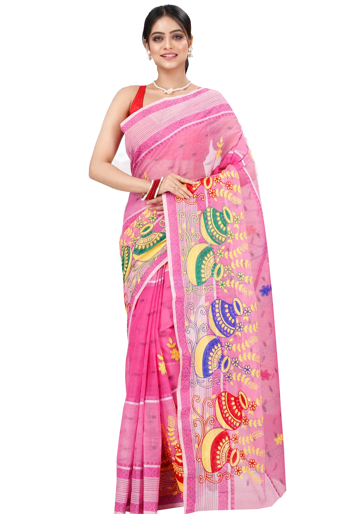 DipDiya Pure Cotton Pink Embi Debdash Ghot Woven by Hand Embroidery Tant Sarees