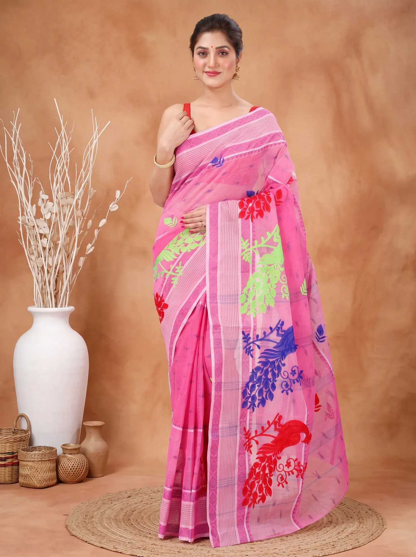 DipDiya Pure Cotton Pink Embi Debdash Moyur Woven with Tradition Embroidery Tant Sarees