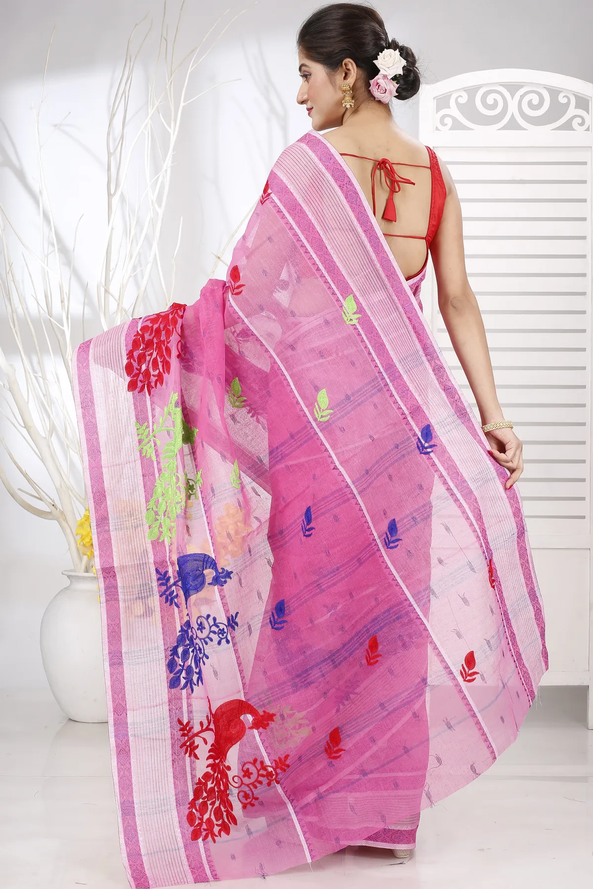 DipDiya Pure Cotton Pink Embi Debdash Moyur Woven with Tradition Embroidery Tant Sarees