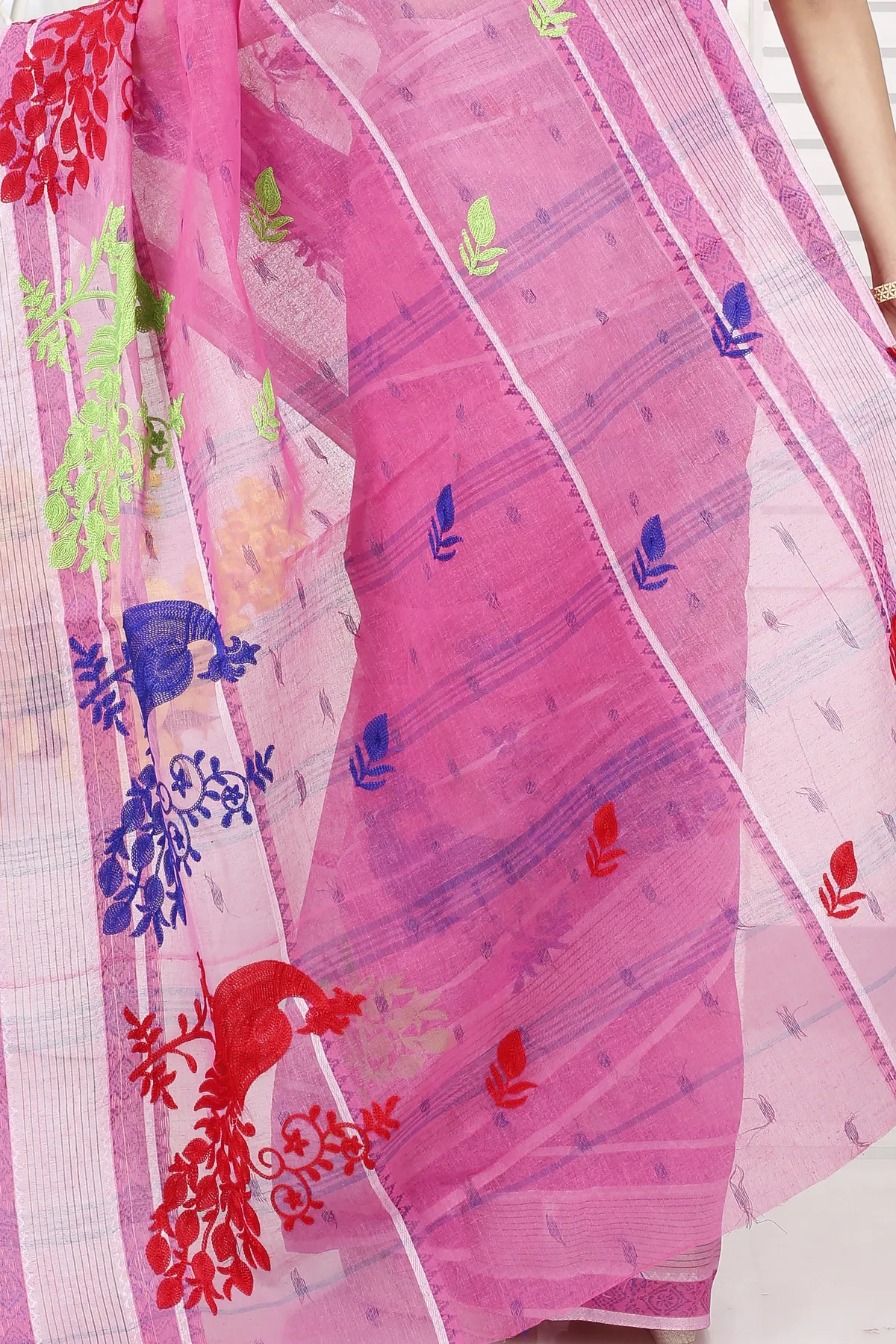 DipDiya Pure Cotton Pink Embi Debdash Moyur Woven with Tradition Embroidery Tant Sarees