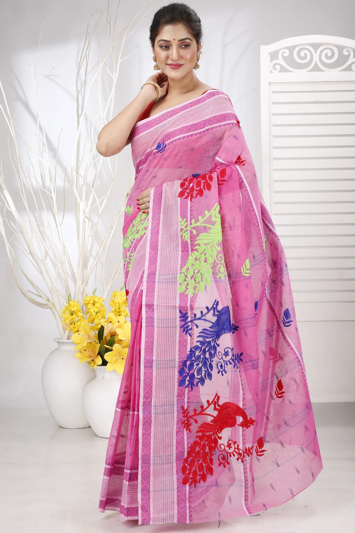 DipDiya Pure Cotton Pink Embi Debdash Moyur Woven with Tradition Embroidery Tant Sarees
