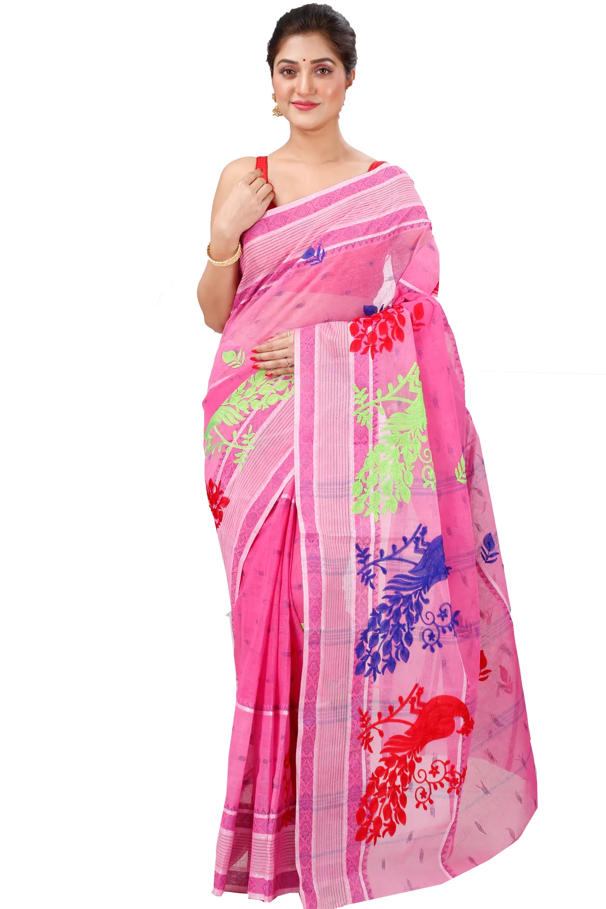 DipDiya Pure Cotton Pink Embi Debdash Moyur Woven with Tradition Embroidery Tant Sarees