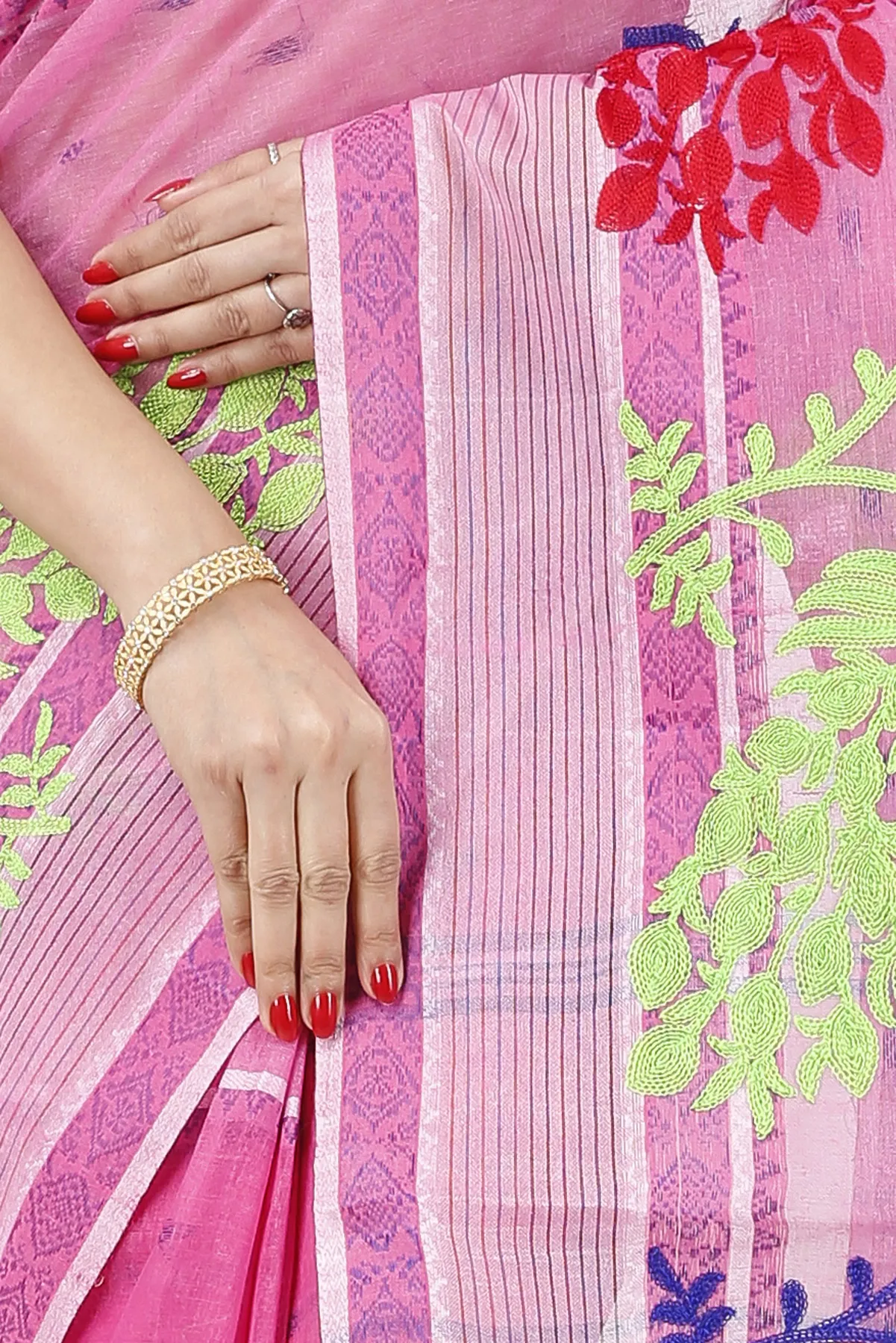 DipDiya Pure Cotton Pink Embi Debdash Moyur Woven with Tradition Embroidery Tant Sarees