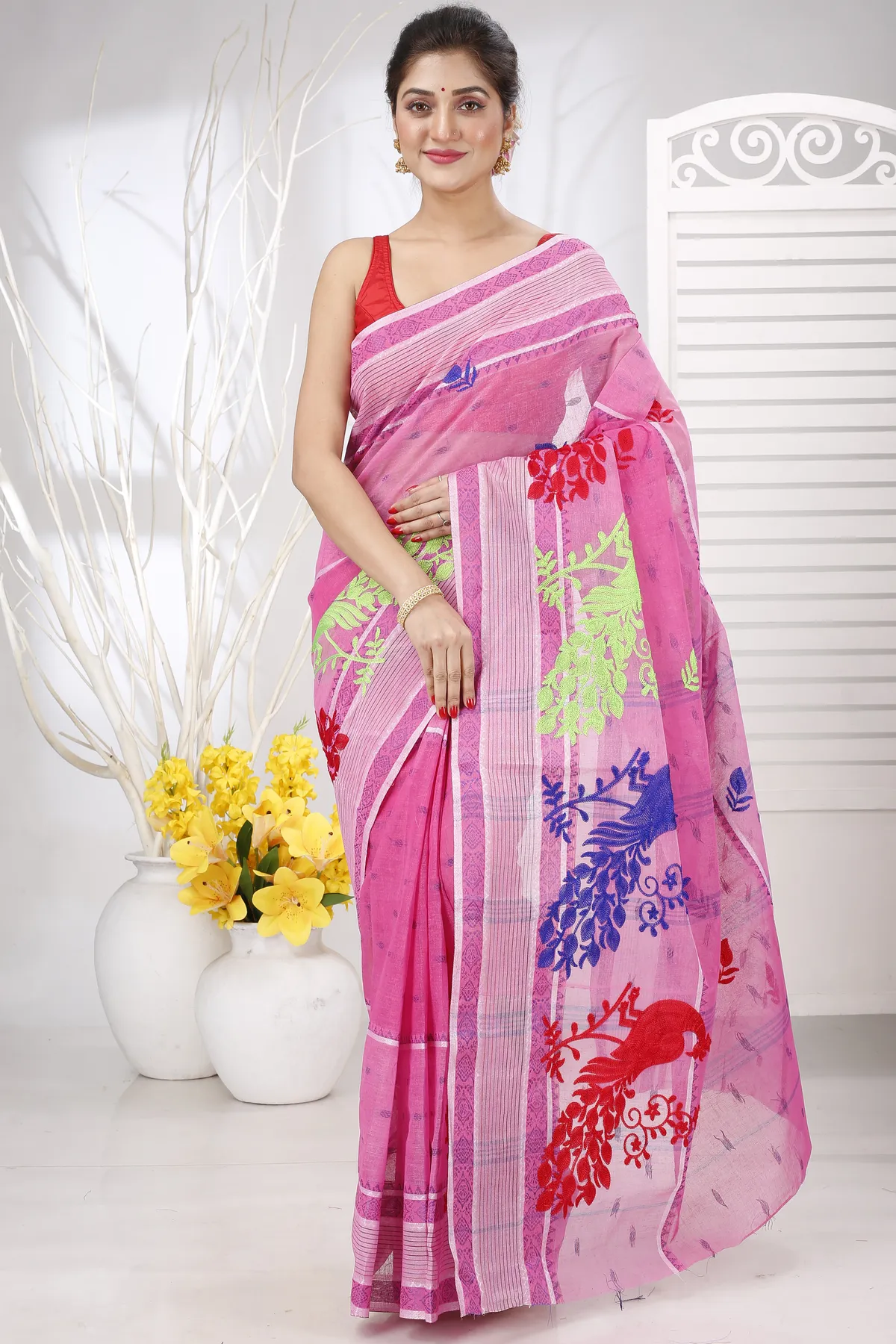 DipDiya Pure Cotton Pink Embi Debdash Moyur Woven with Tradition Embroidery Tant Sarees