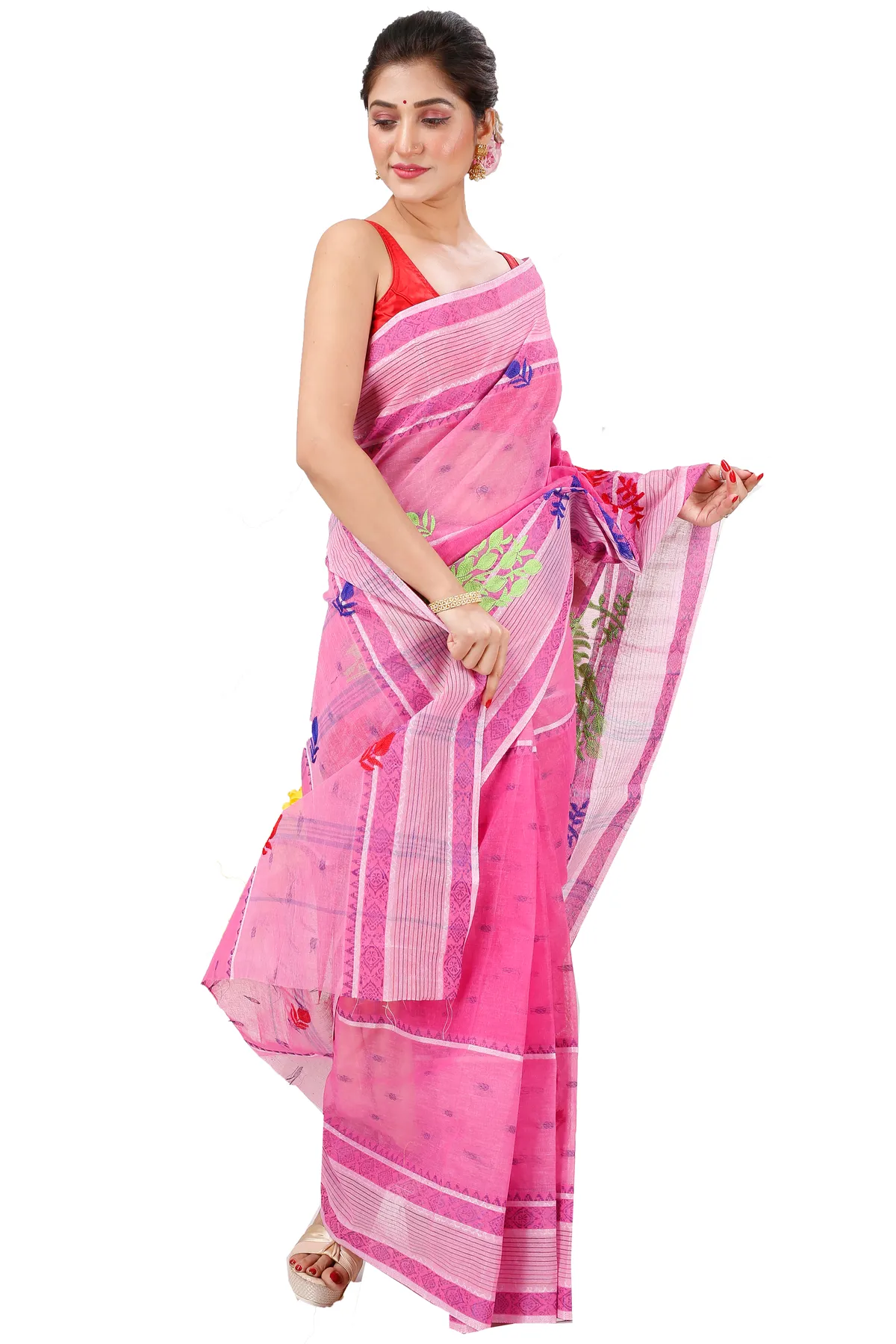 DipDiya Pure Cotton Pink Embi Debdash Moyur Woven with Tradition Embroidery Tant Sarees
