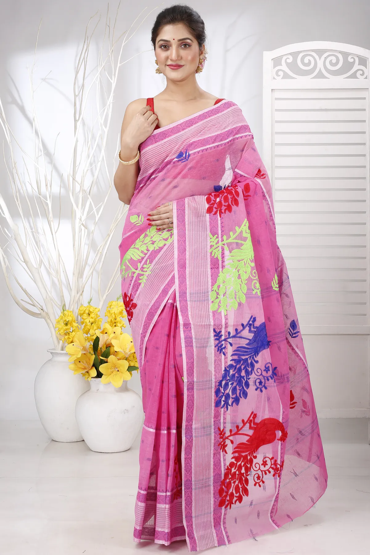 DipDiya Pure Cotton Pink Embi Debdash Moyur Woven with Tradition Embroidery Tant Sarees