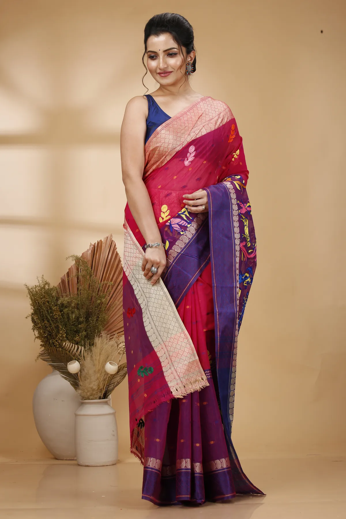 DipDiya Pure Cotton Pink Embi Ganga Agri Pure Bengali Grace Embroidery Tant Sarees