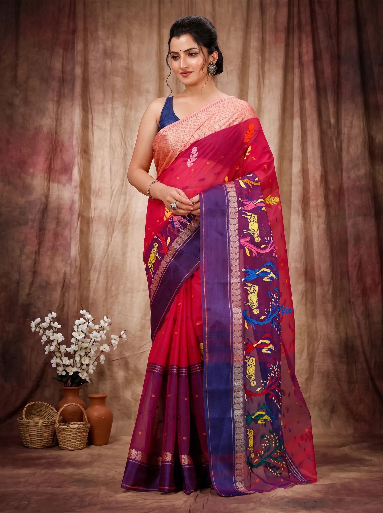 DipDiya Pure Cotton Pink Embi Ganga Agri Pure Bengali Grace Embroidery Tant Sarees