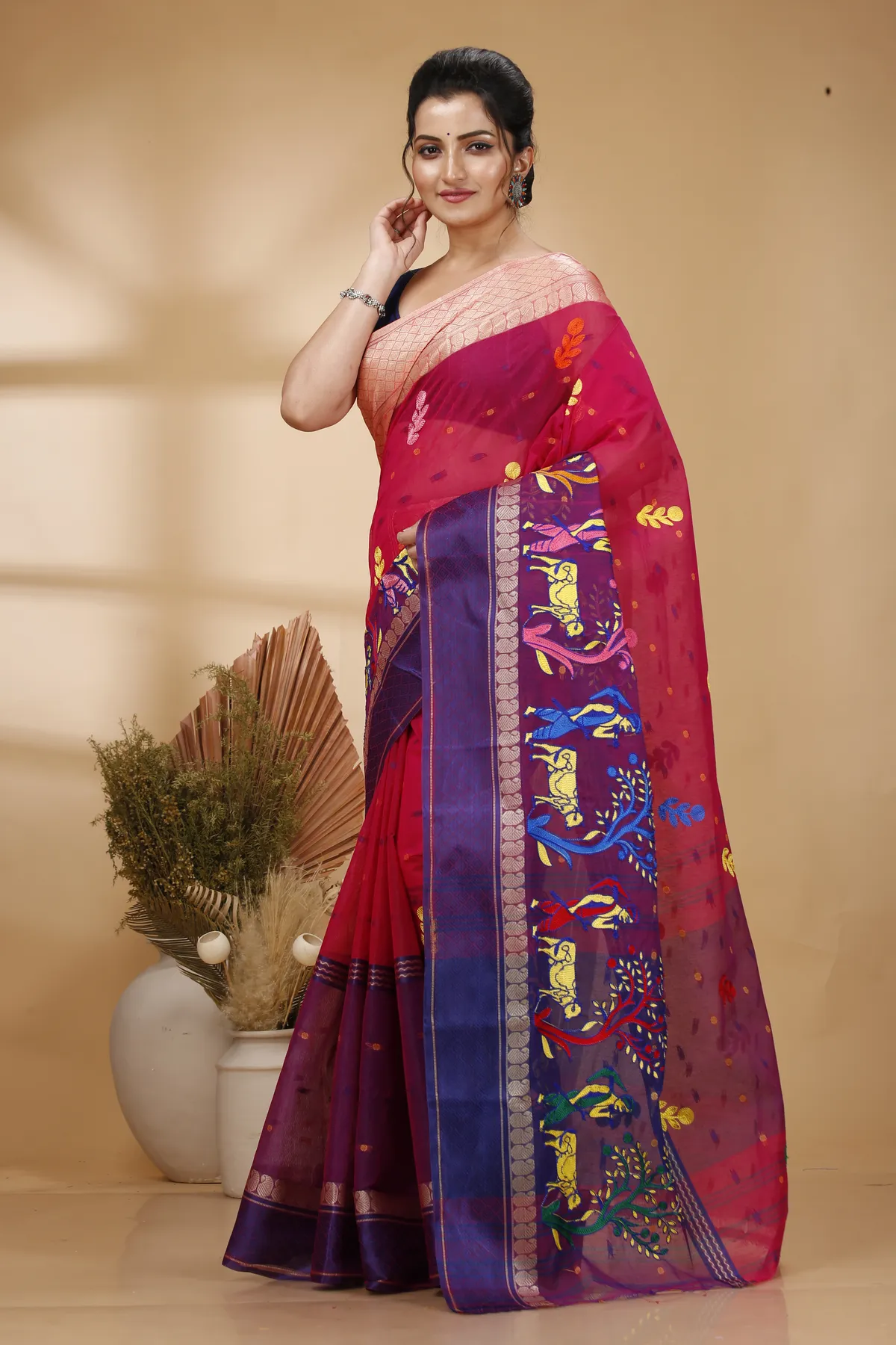 DipDiya Pure Cotton Pink Embi Ganga Agri Pure Bengali Grace Embroidery Tant Sarees