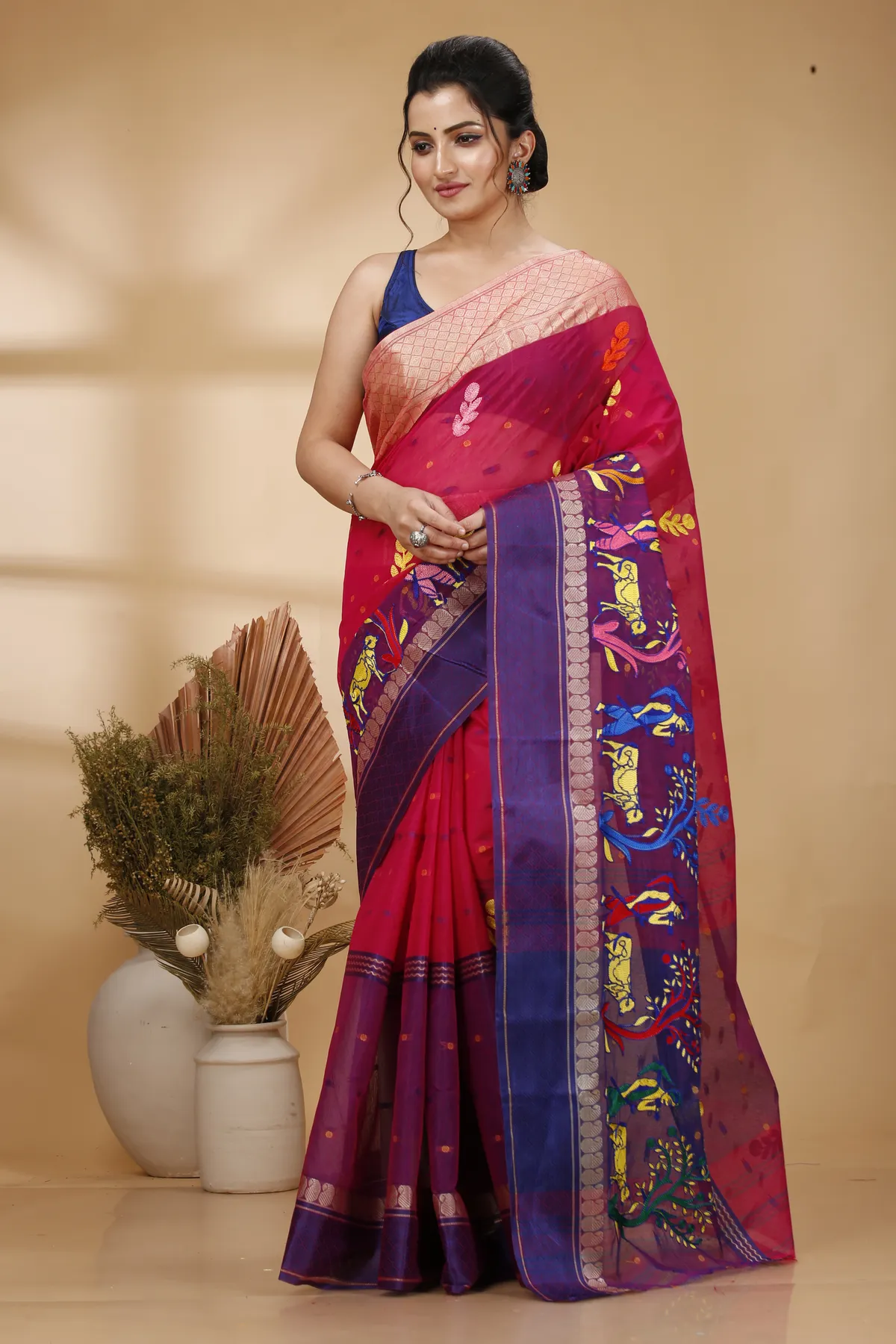 DipDiya Pure Cotton Pink Embi Ganga Agri Pure Bengali Grace Embroidery Tant Sarees